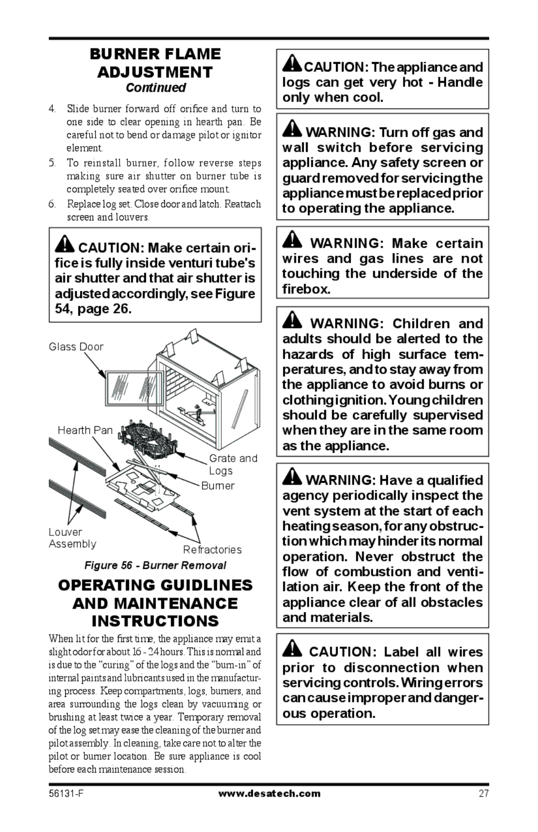 Desa (V)DVF36, TSTPA-A, TSTEA-A Operating Guidlines Maintenance Instructions, Glass Door Hearth Pan, Logs, Louver Assembly 