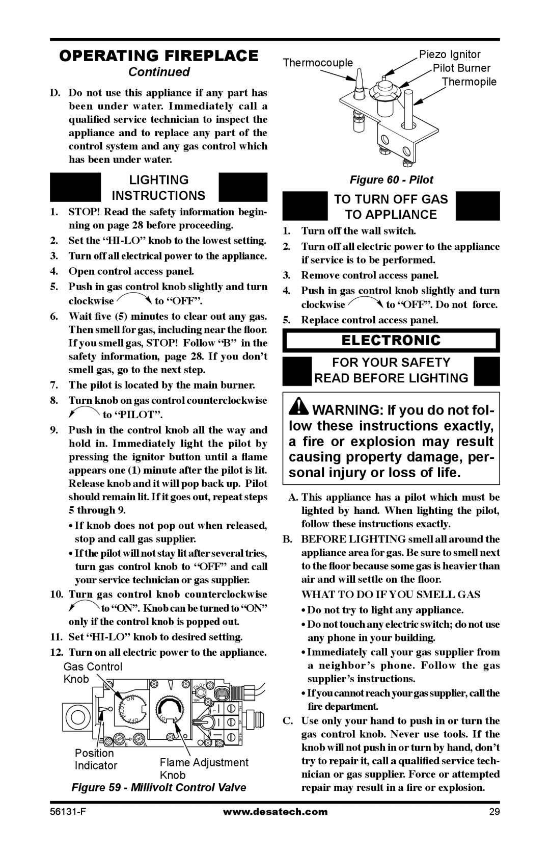 Desa TSTEA-A, (V)DVF36, TSTPA-A, TSTPEA-A, TPNPEA-A Lighting Instructions, To Turn OFF GAS To Appliance, Gas Control Knob 