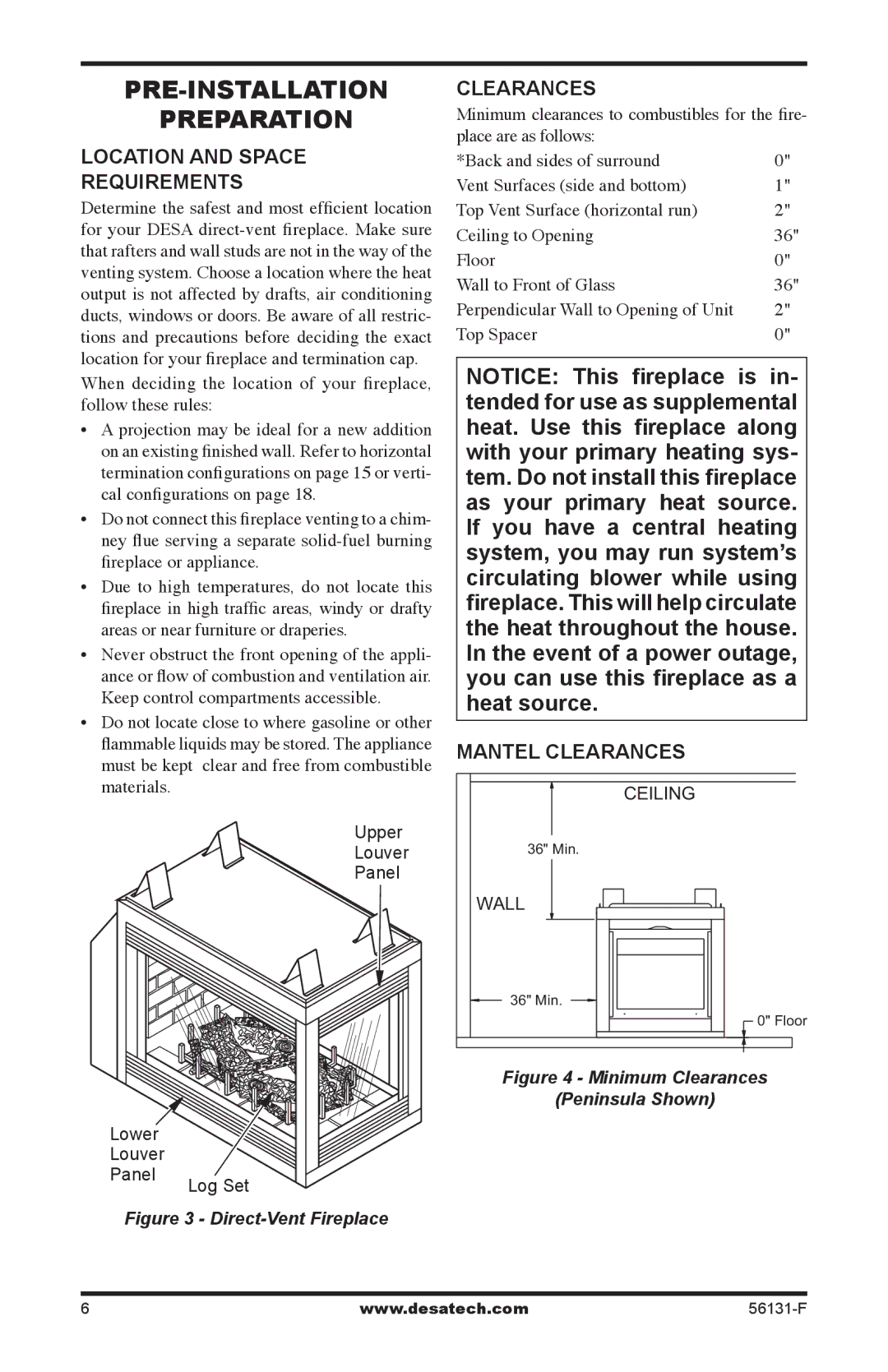 Desa TPNPA-A, (V)DVF36, TSTPA-A Pre-Installation Preparation, Location and space requirements, Mantel Clearances 