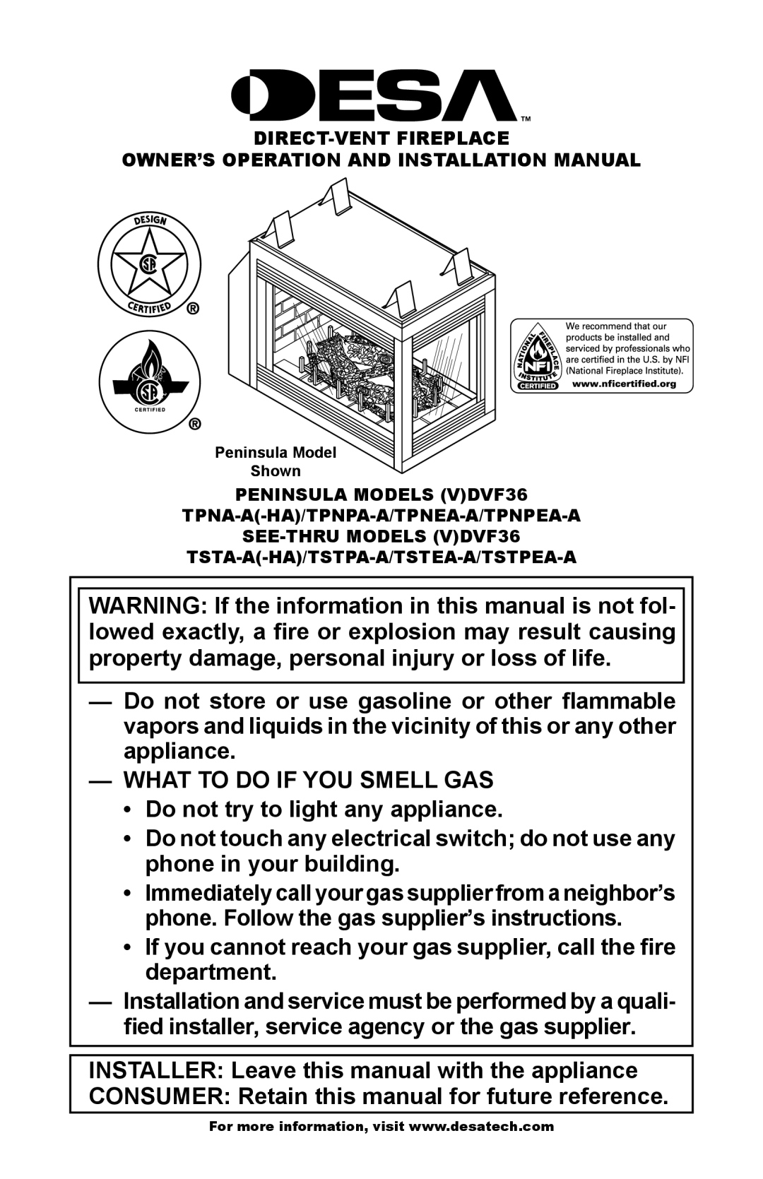 Desa TSTPA-A, (V)DVF36, TSTEA-A, TSTPEA-A, TPNPEA-A, TPNEA-A, TPNPA-A installation manual What To Do If You Smell Gas 