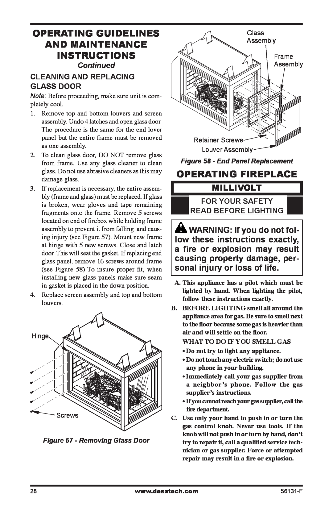 Desa TSTPA-A, (V)DVF36 Operating Guidelines And Maintenance Instructions, Operating Fireplace, Millivolt, Continued 