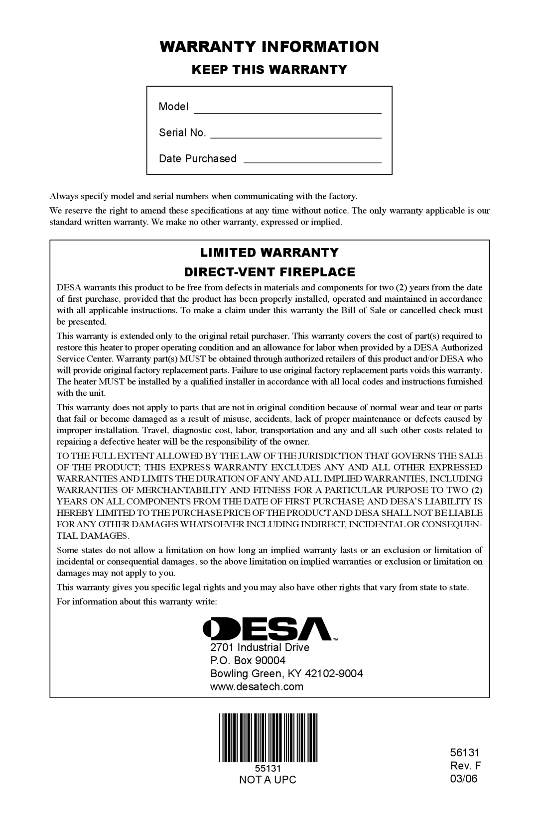 Desa (V)DVF36, TSTPA-A, TSTEA-A, TSTPEA-A Warranty Information, Keep This Warranty, Limited Warranty Direct-Ventfireplace 