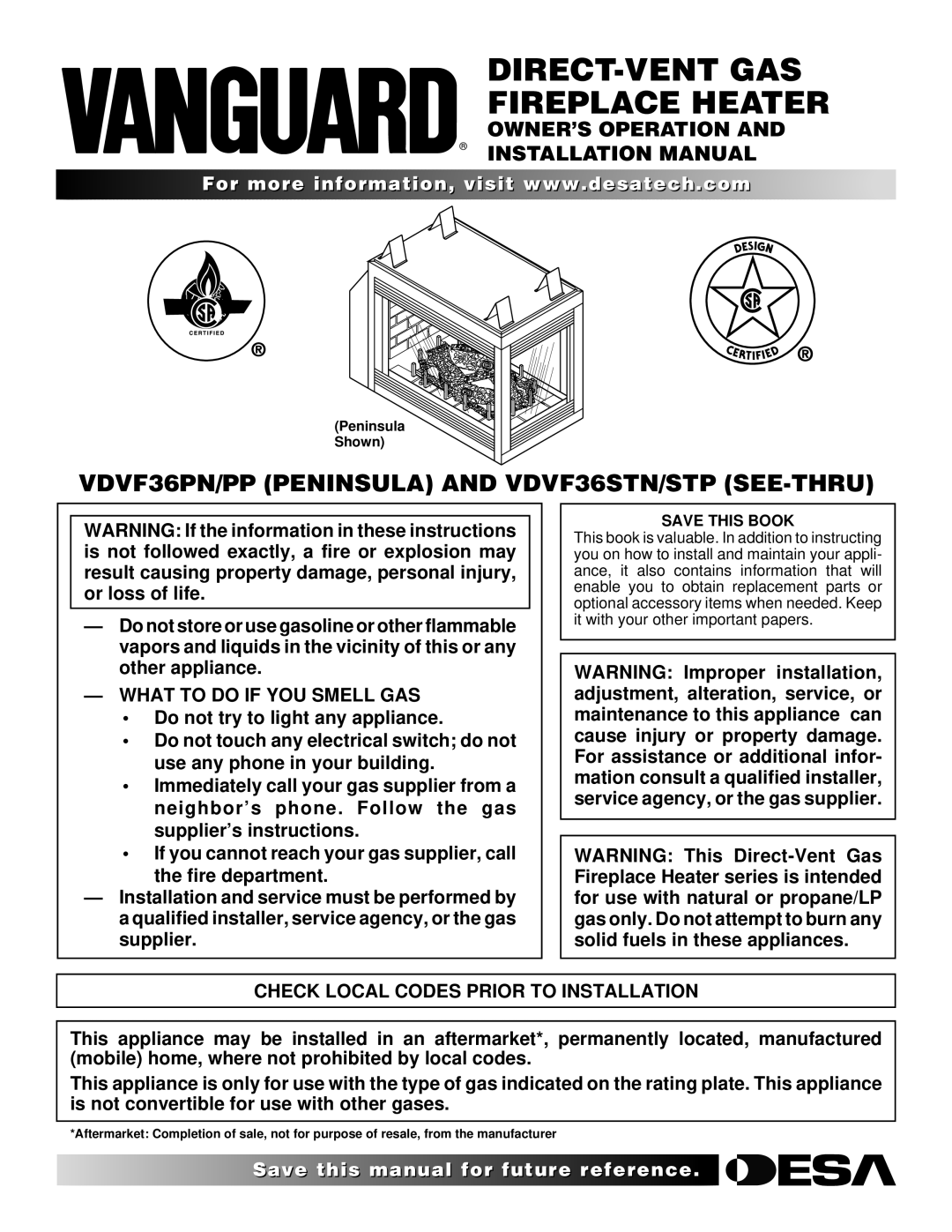 Desa VDVF36STN/STP, VDVF36PN/PP installation manual What to do if YOU Smell GAS, Check Local Codes Prior to Installation 