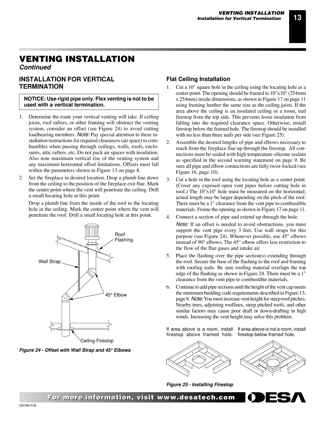 Desa VDVF36STN/STP, VDVF36PN/PP installation manual Installation for Vertical Termination, Flat Ceiling Installation 