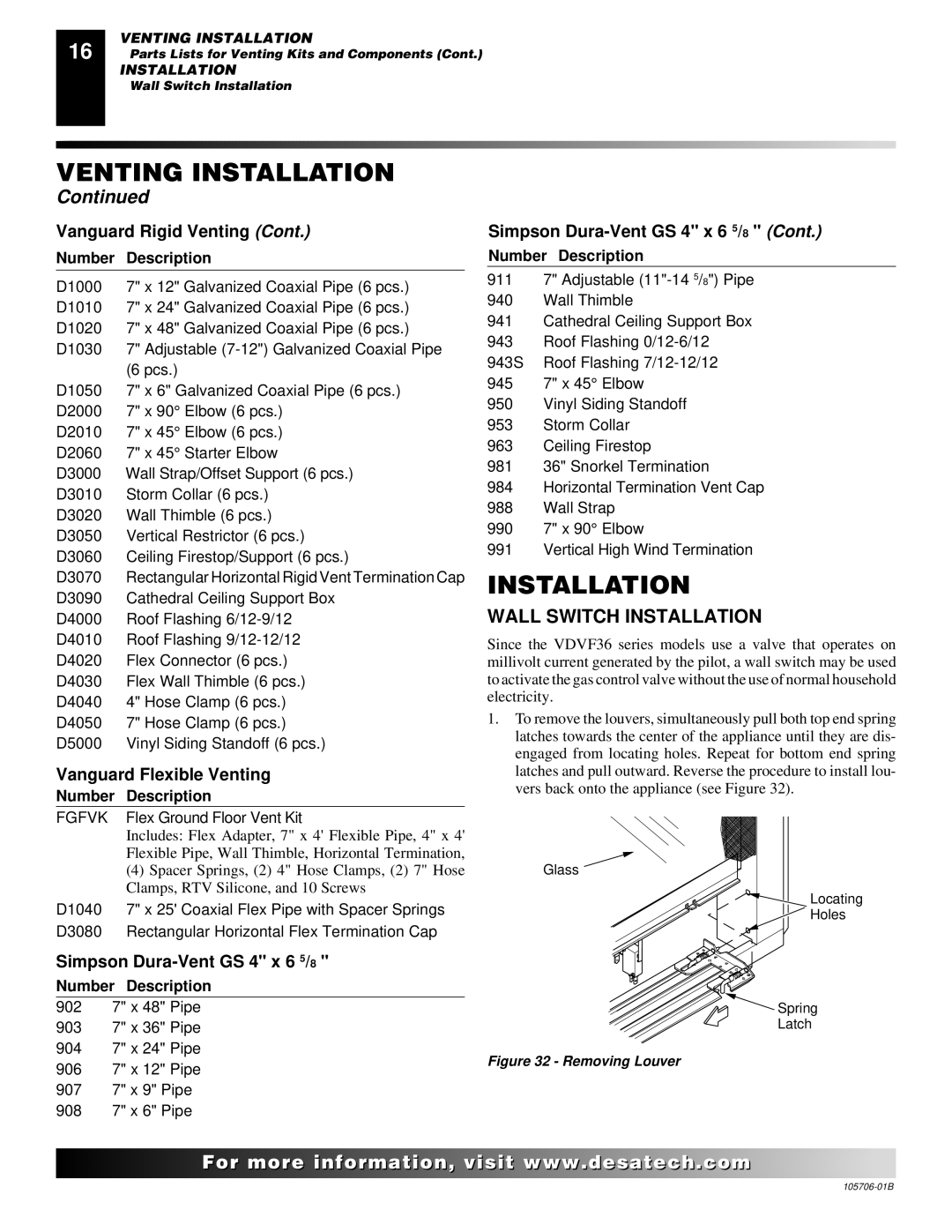 Desa VDVF36PN/PP, VDVF36STN/STP Wall Switch Installation, Vanguard Flexible Venting, Simpson Dura-Vent GS 4 x 6 5/8 