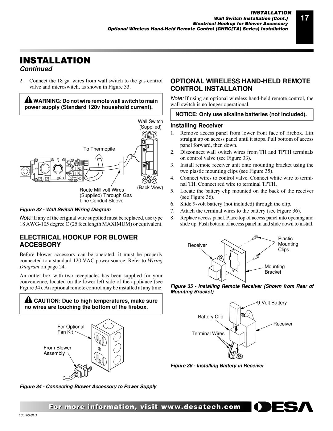 Desa VDVF36STN/STP Optional Wireless HAND-HELD Remote Control Installation, Electrical Hookup for Blower Accessory 