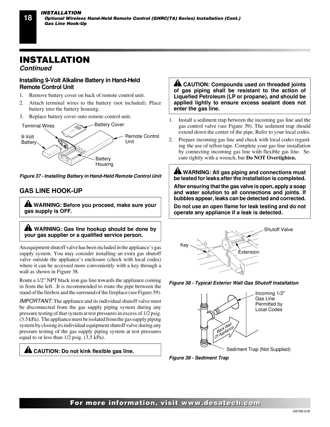 Desa VDVF36PN/PP, VDVF36STN/STP installation manual GAS Line HOOK-UP, Installing Battery in Hand-Held Remote Control Unit 