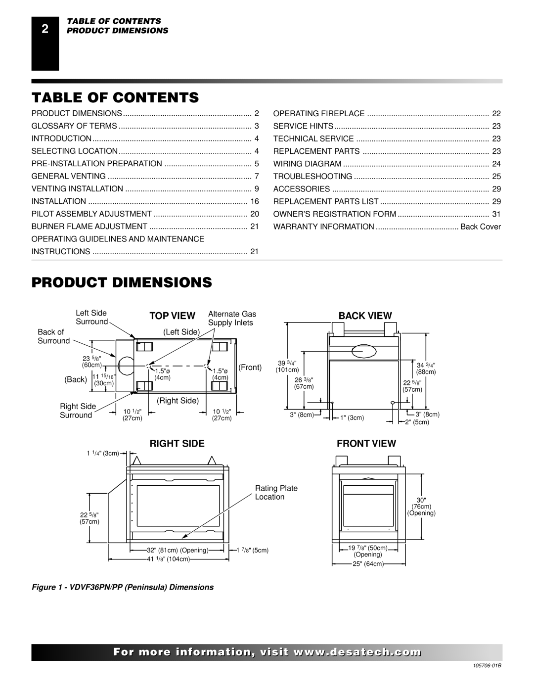 Desa VDVF36PN/PP, VDVF36STN/STP installation manual Table of Contents, Product Dimensions 