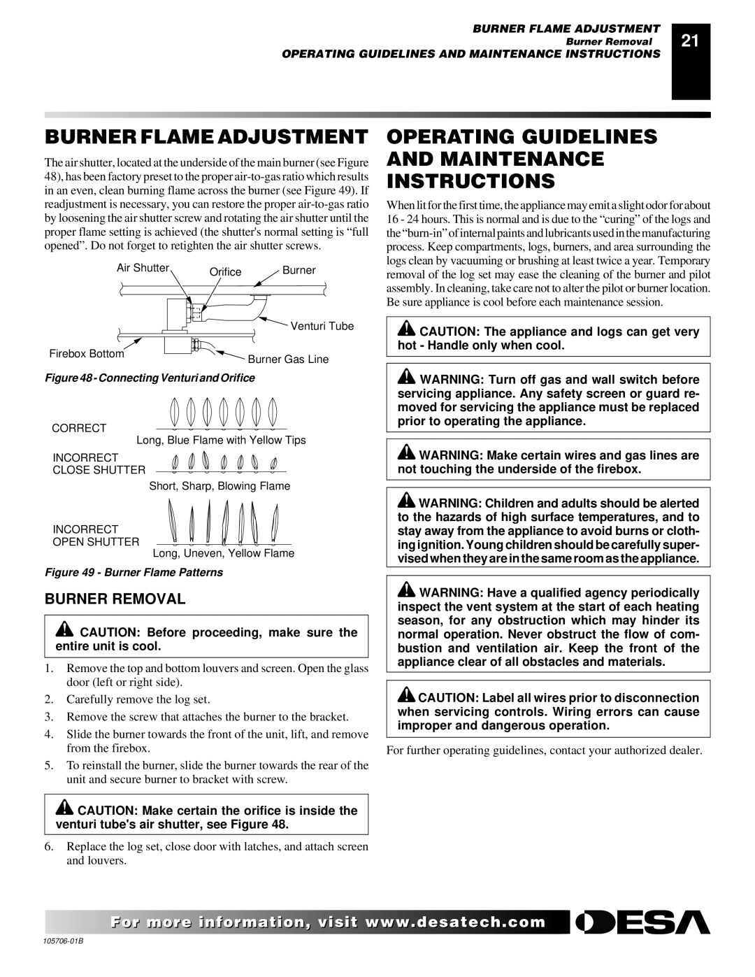 Desa VDVF36STN/STP, VDVF36PN/PP Burner Flame Adjustment, Operating Guidelines and Maintenance Instructions, Burner Removal 