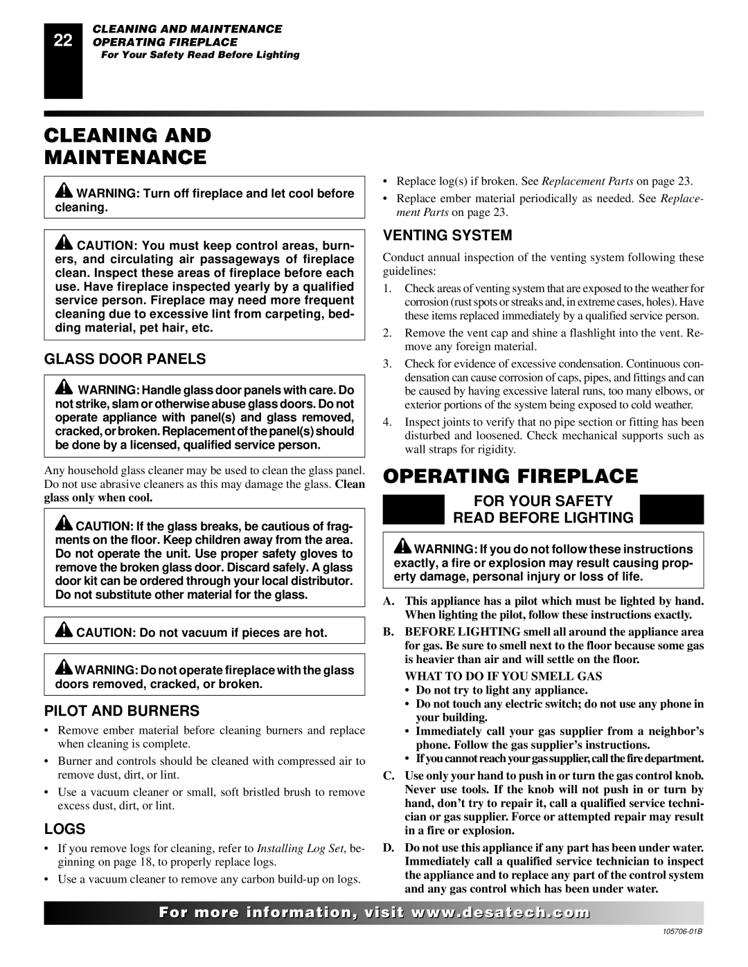 Desa VDVF36PN/PP, VDVF36STN/STP installation manual Cleaning Maintenance, Operating Fireplace 