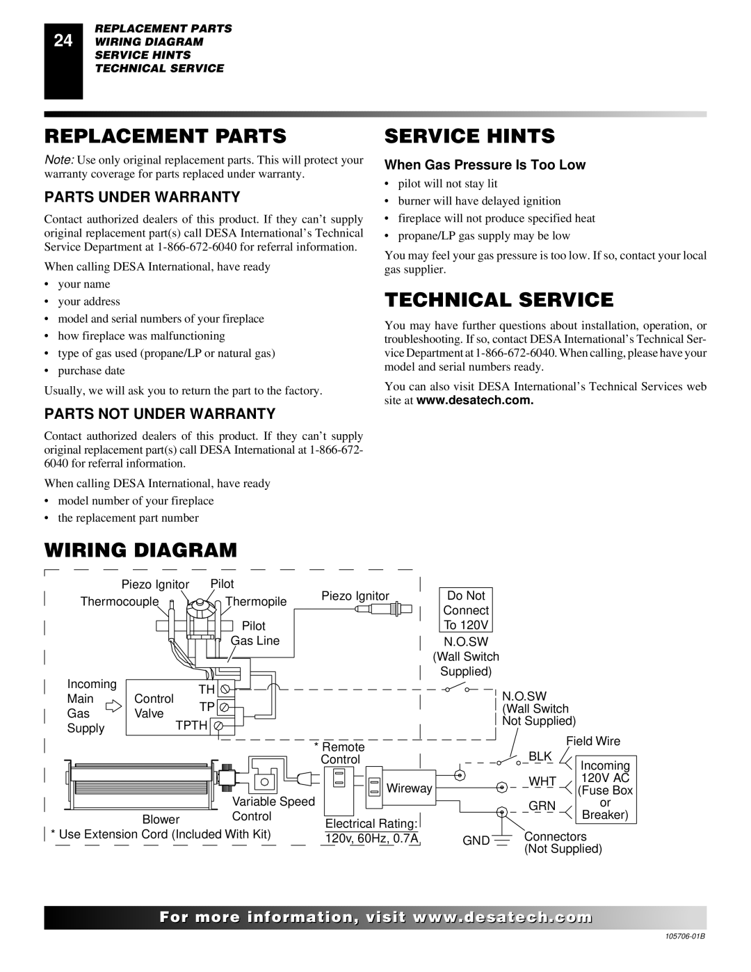 Desa VDVF36PN/PP, VDVF36STN/STP Replacement Parts Service Hints, Technical Service, Wiring Diagram, Parts Under Warranty 