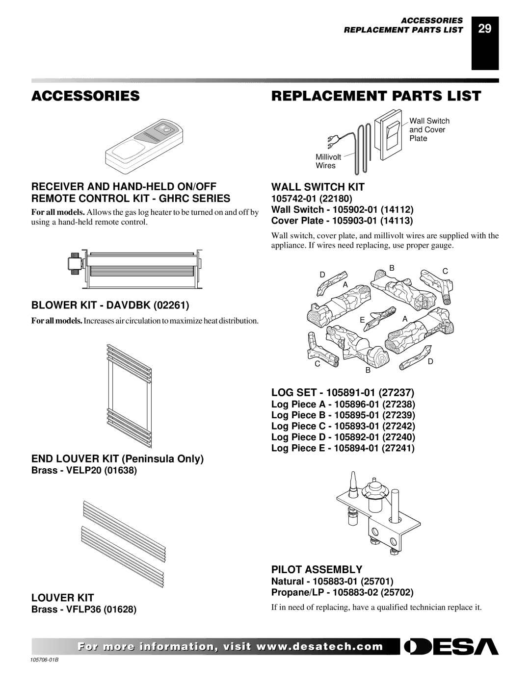 Desa VDVF36STN/STP Accessories Replacement Parts List, Wall Switch KIT, Blower KIT Davdbk, Louver KIT, Pilot Assembly 