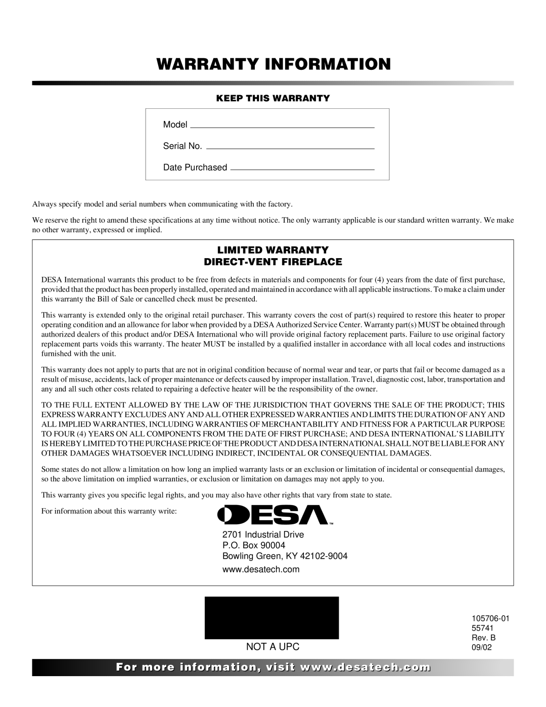 Desa VDVF36PN/PP, VDVF36STN/STP installation manual Warranty Information 