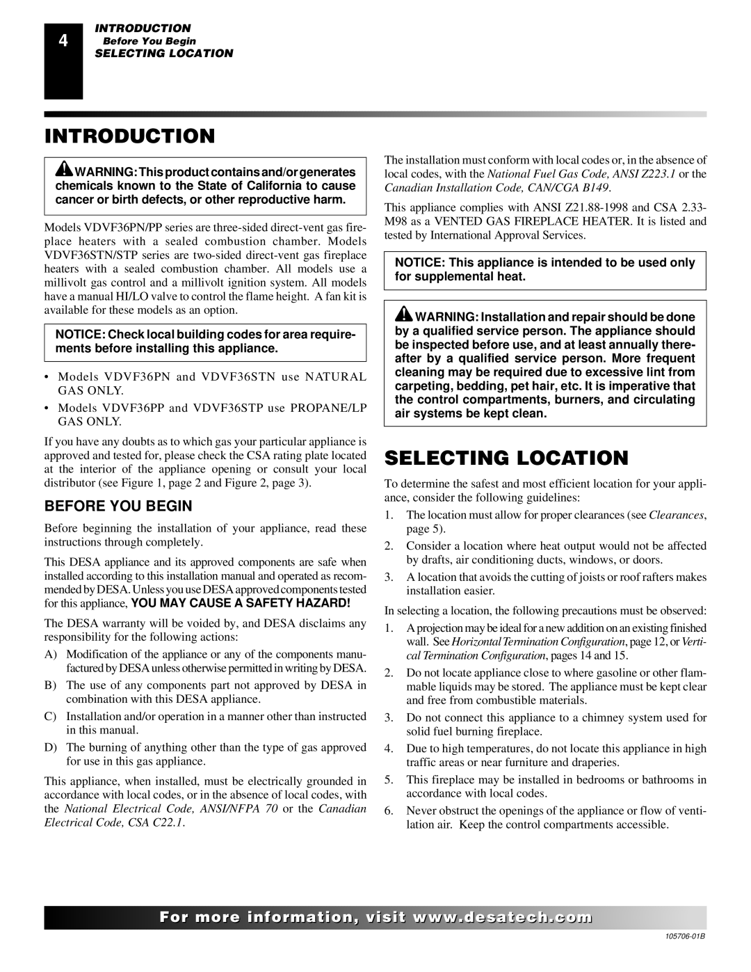 Desa VDVF36PN/PP, VDVF36STN/STP installation manual Introduction, Selecting Location, Before YOU Begin 