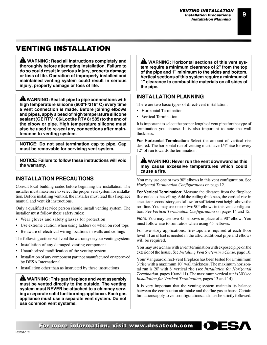 Desa VDVF36STN/STP, VDVF36PN/PP installation manual Venting Installation, Installation Precautions, Installation Planning 