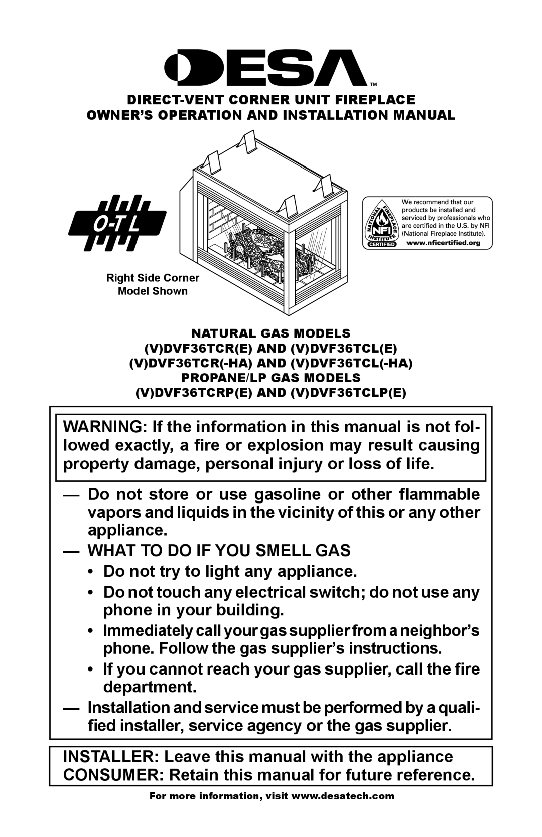 Desa (V)DVF36TCRP(E), (V)DVF36TCLP(E) installation manual What to do if YOU Smell GAS, Right Side Corner Model Shown 