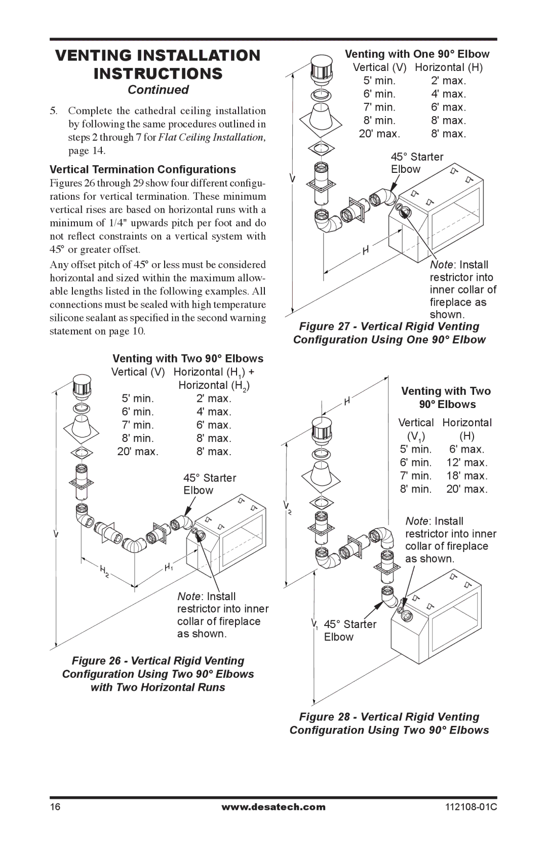 Desa (V)DVF36TCLP(E), (V)DVF36TCRP(E) Venting with One 90 Elbow, Vertical Rigid Venting Configuration Using One 90 Elbow 