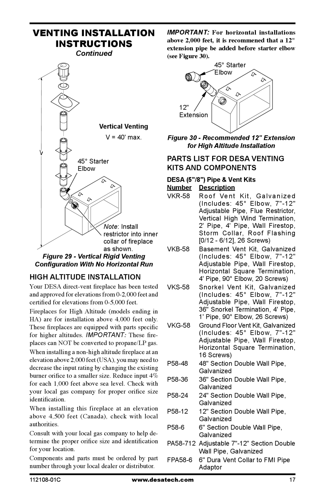 Desa (V)DVF36TCRP(E) High altitude installation, Parts list for Desa venting kits and components, Vertical Venting 