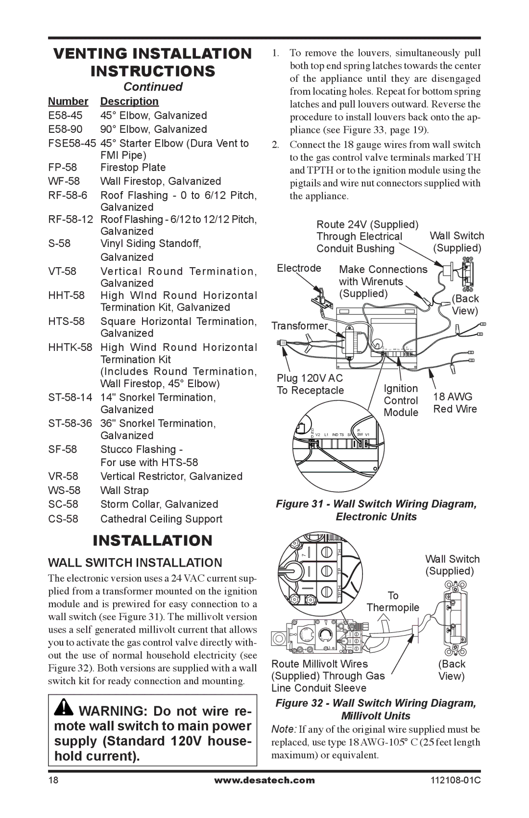 Desa DVF36TCR, DVF36TCL, DVF36TCR, DVF36TCL, DVF36TCRP, DVF36TCLP, (V)DVF36TCLP(E) Wall Switch Installation 