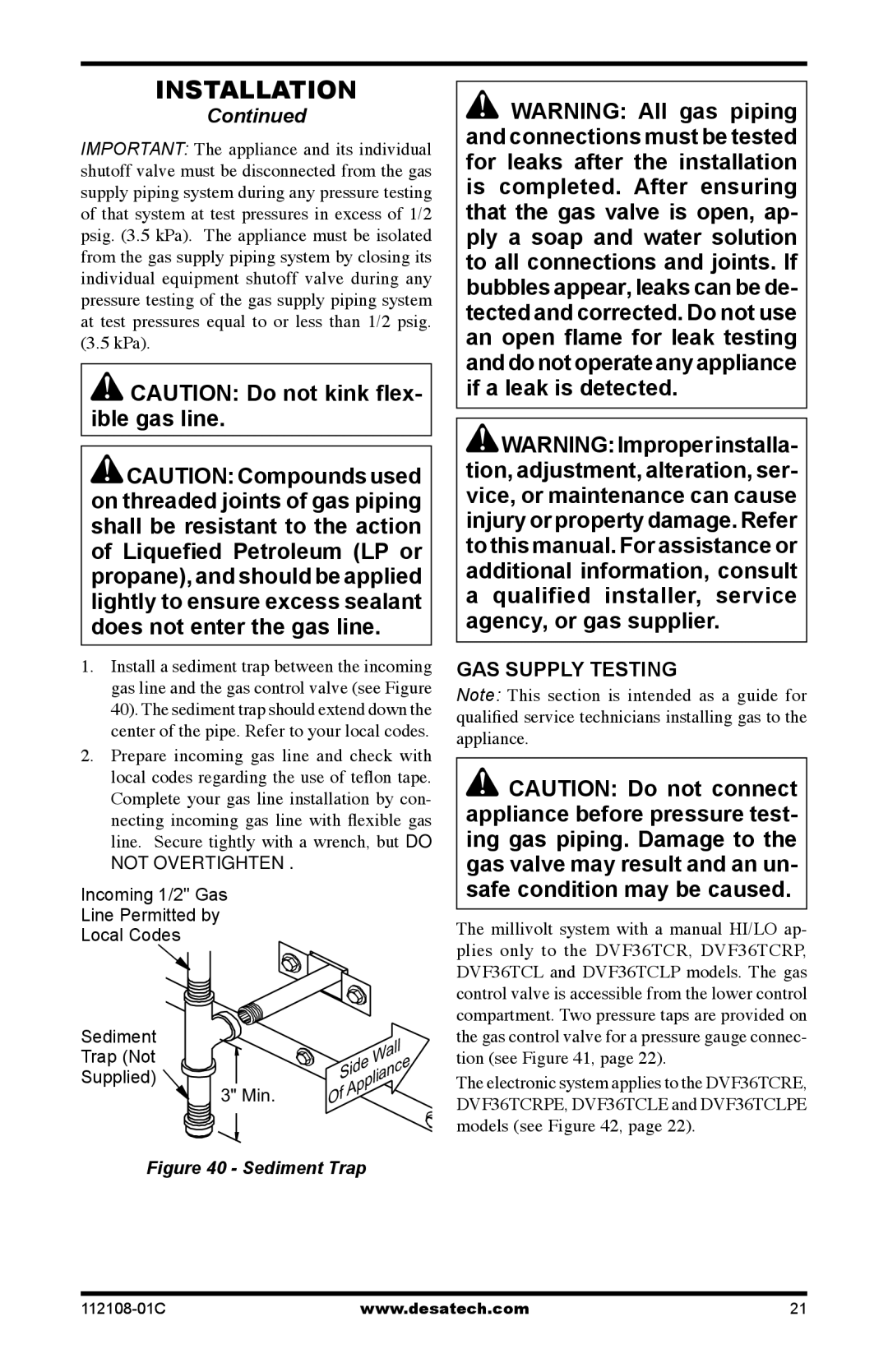 Desa (V)DVF36TCRP(E), (V)DVF36TCLP(E) installation manual Gas Supply Testing, Not Overtighten 