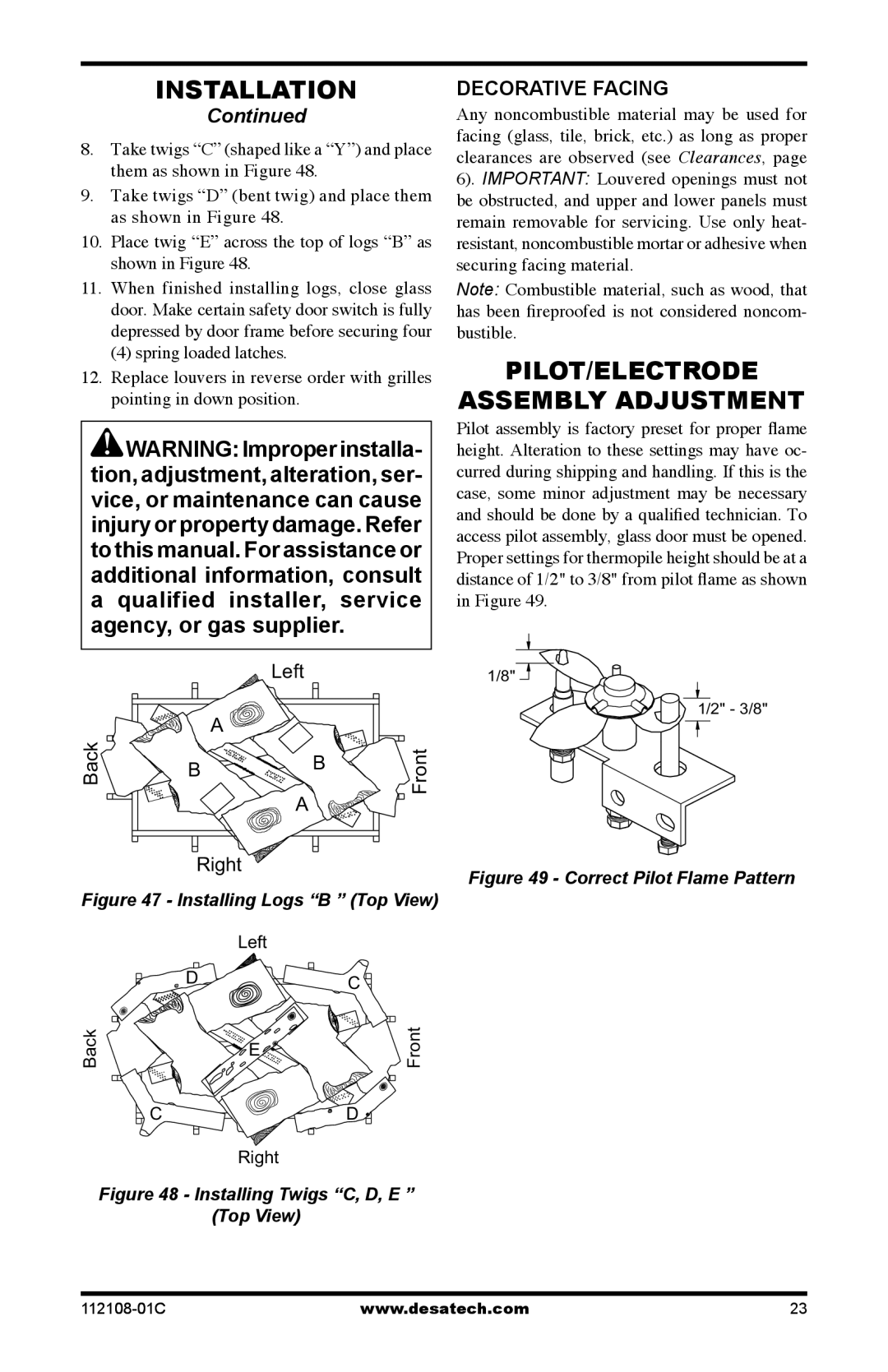 Desa DVF36CR, DVF36TCL, DVF36TCR, DVF36TCL, DVF36TCRP, DVF36TCLP Pilot/Electrode Assembly Adjustment, Decorative Facing 