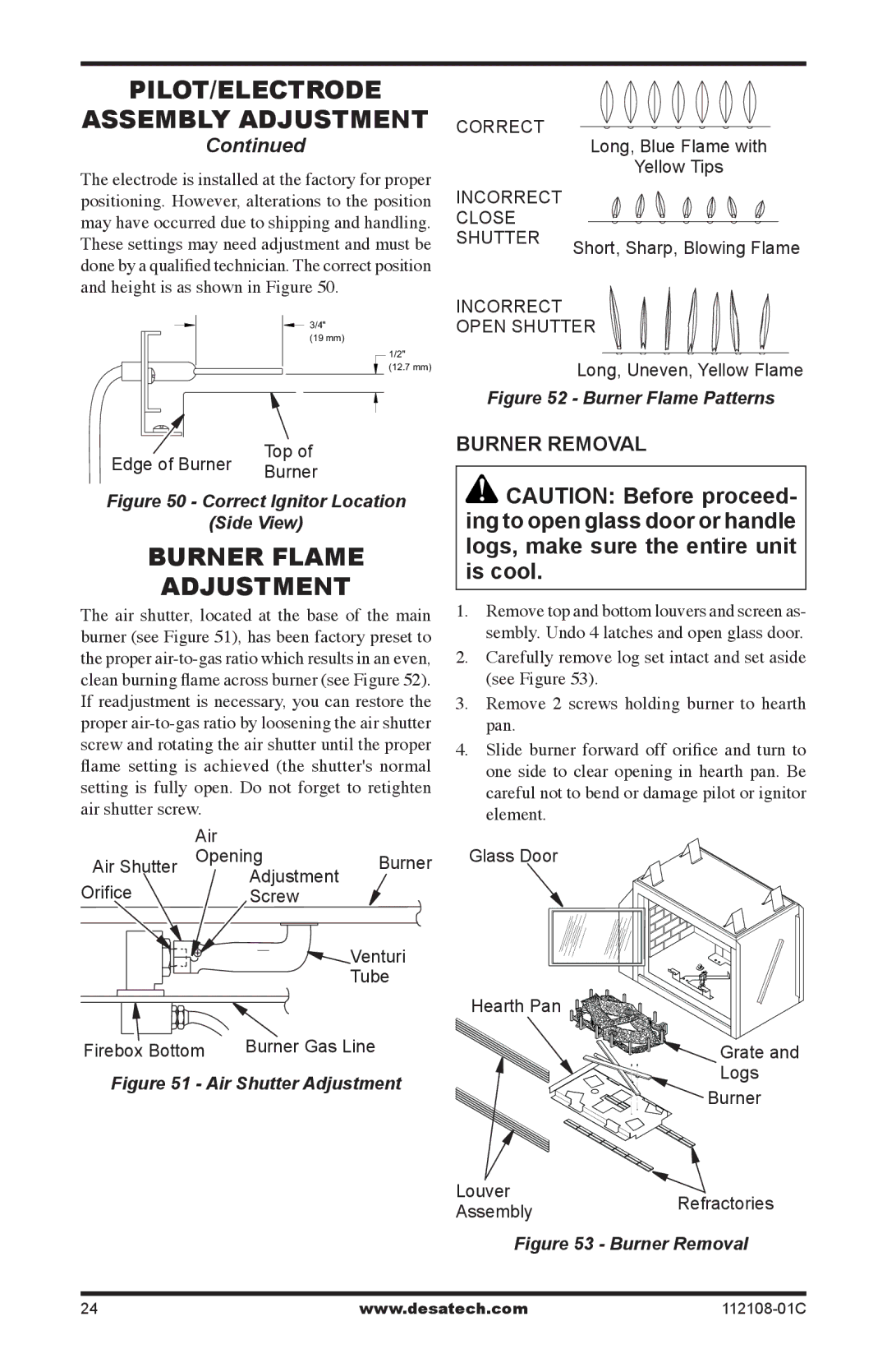 Desa (V)DVF36TCLP(E), (V)DVF36TCRP(E) installation manual Burner Flame Adjustment, Burner Removal 