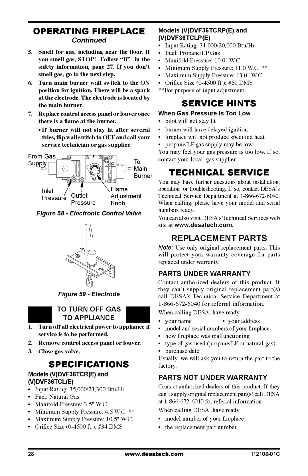 Desa (V)DVF36TCLP(E), (V)DVF36TCRP(E) Service Hints, Technical Service, Specifications, Replacement Parts 