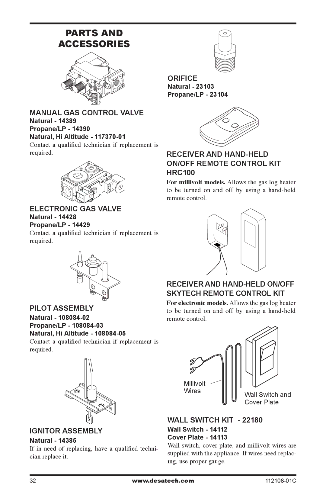 Desa (V)DVF36TCLP(E), (V)DVF36TCRP(E) installation manual Parts Accessories, Pilot Assembly, Skytech Remote Control KIT 