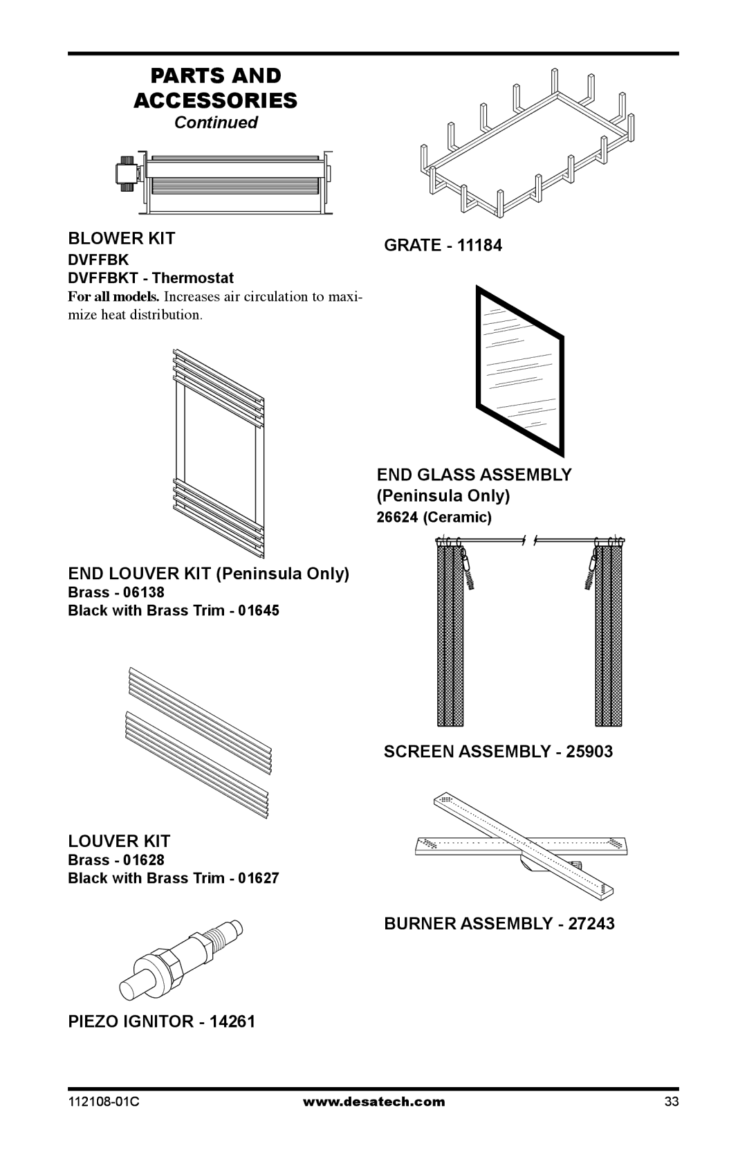 Desa (V)DVF36TCRP(E), (V)DVF36TCLP(E) Blower kit, End Louver Kit Peninsula Only, Grate End Glass Assembly Peninsula Only 