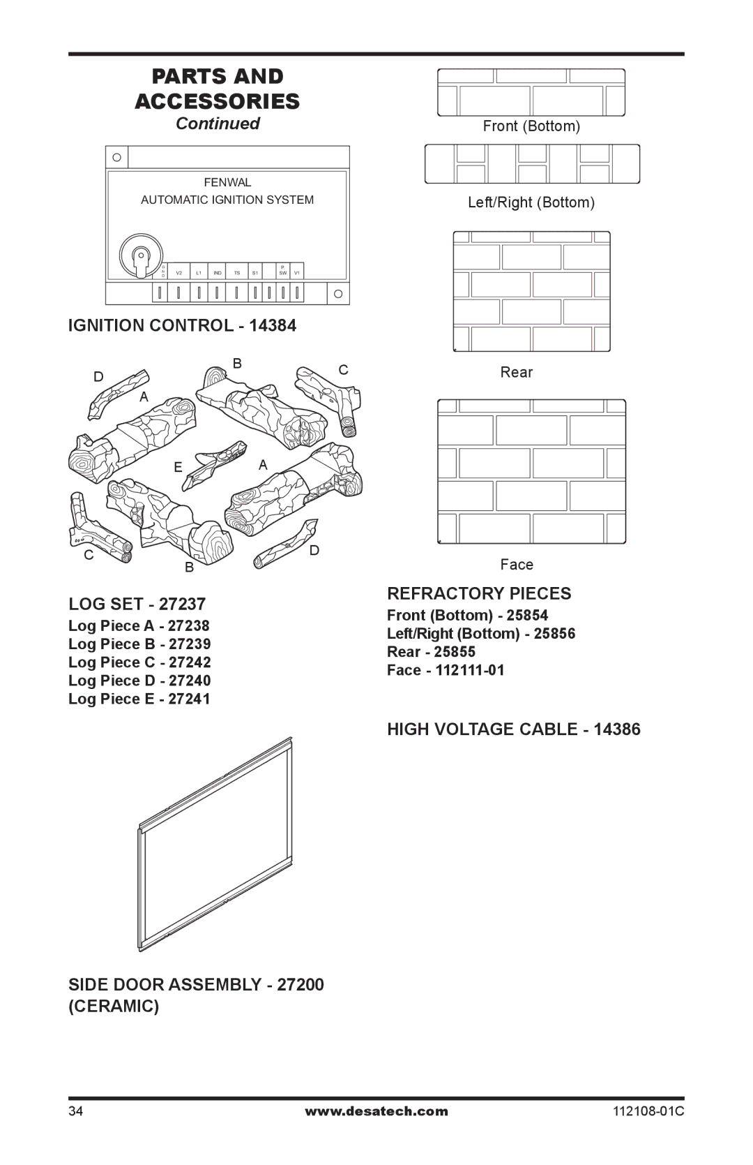 Desa DVF36TCR, DVF36TCL, DVF36TCR, DVF36TCL, DVF36TCRP, DVF36TCLP Ignition Control, LOG SET Refractory Pieces 