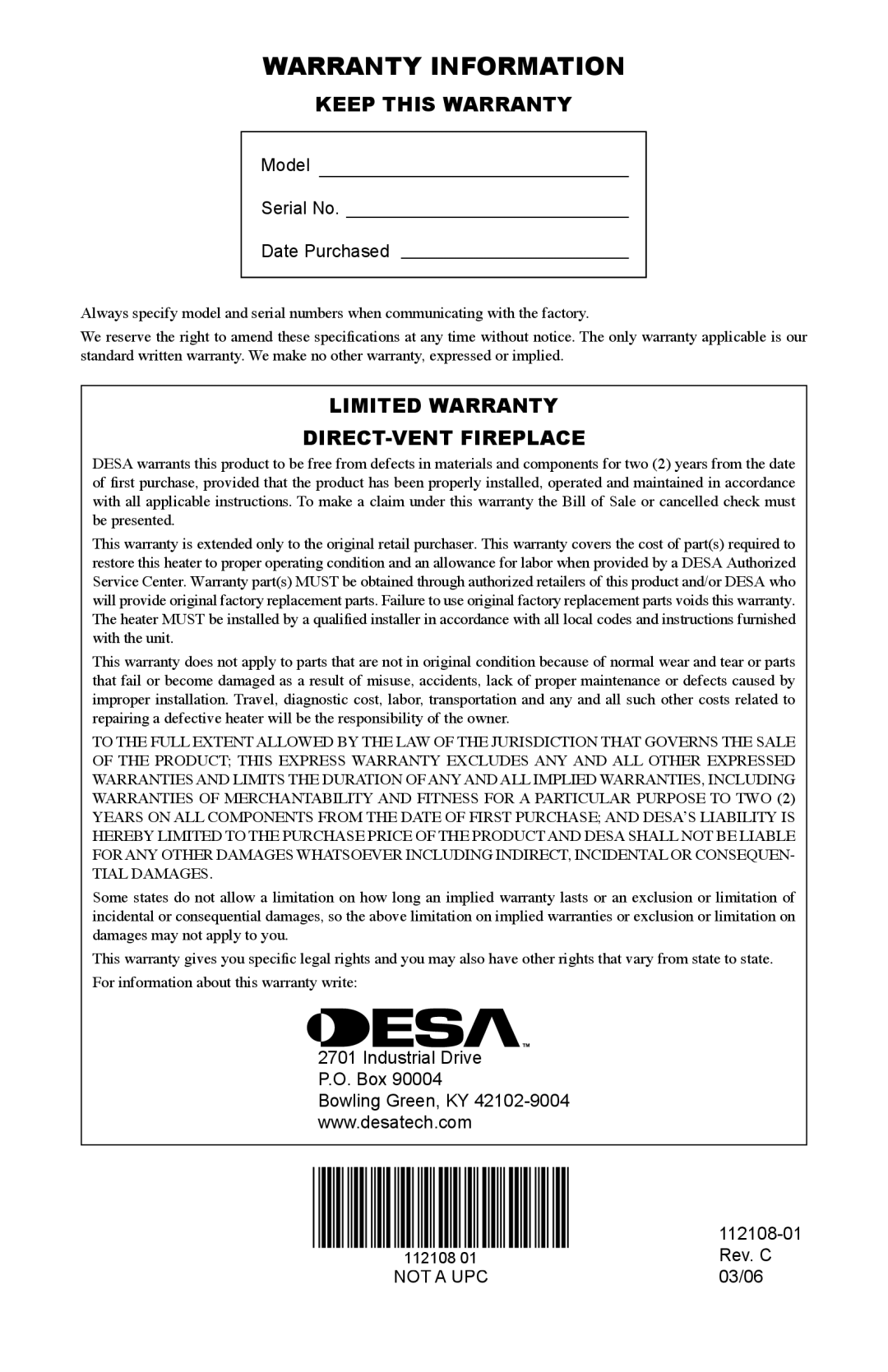 Desa (V)DVF36TCLP(E), (V)DVF36TCRP(E) Warranty Information, Keep this Warranty, Limited Warranty DIRECT-VENT Fireplace 