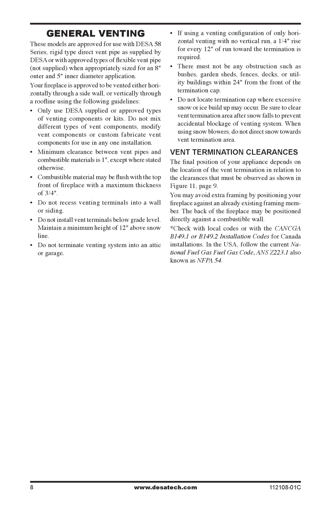 Desa (V)DVF36TCLP(E), (V)DVF36TCRP(E) installation manual General Venting, Vent Termination Clearances 