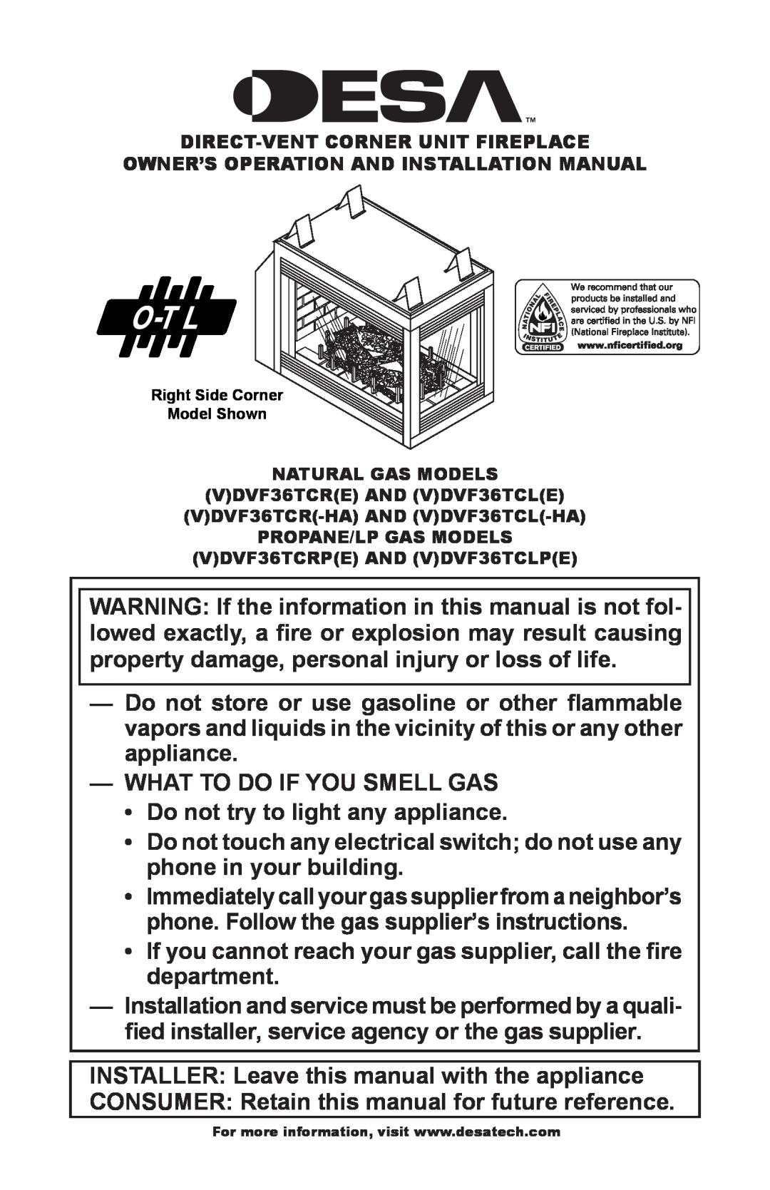 Desa (V)DVF36TCRP(E), (V)DVF36TCLP(E) installation manual What To Do If You Smell Gas 