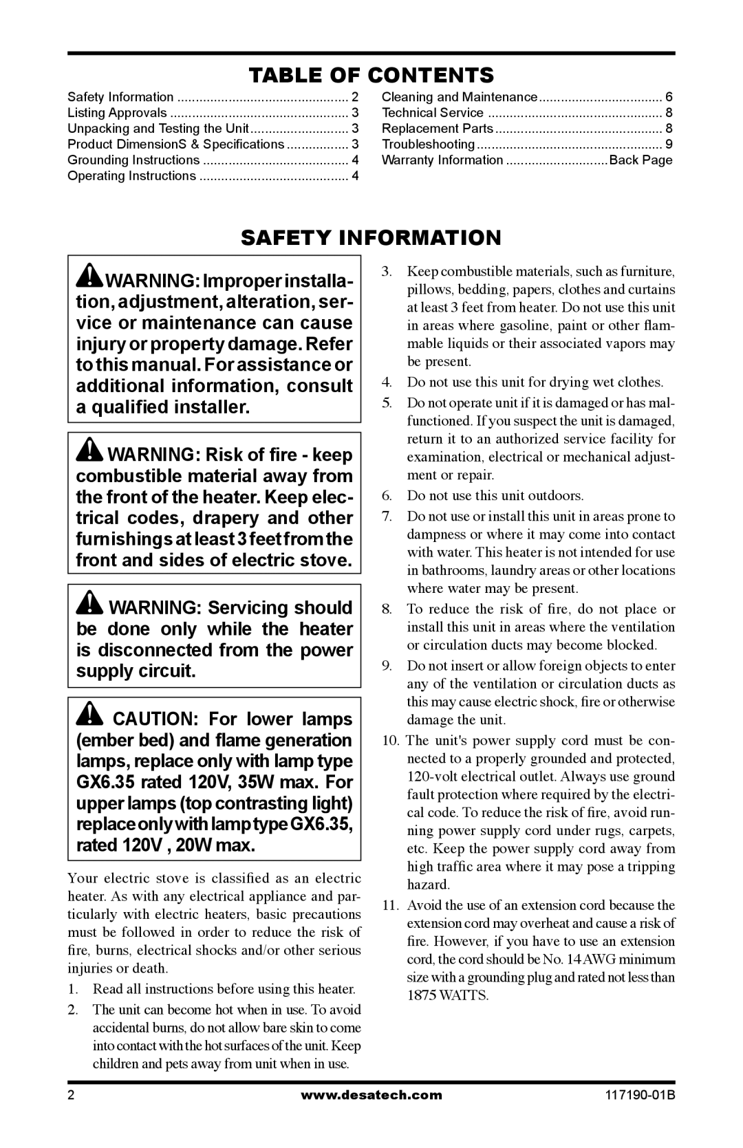 Desa CGESBMR, VESBMR, VESBL operation manual Table of Contents, Safety Information 