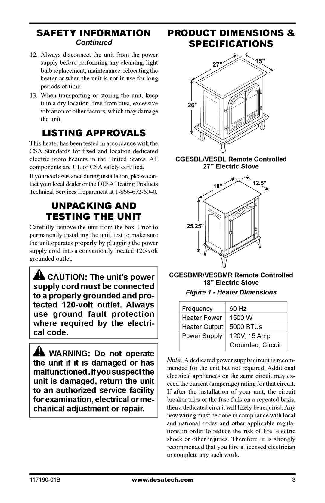 Desa VESBMR, VESBL, CGESBMR operation manual Listing Approvals, Product Dimensions Specifications, Unpacking Testing the Unit 