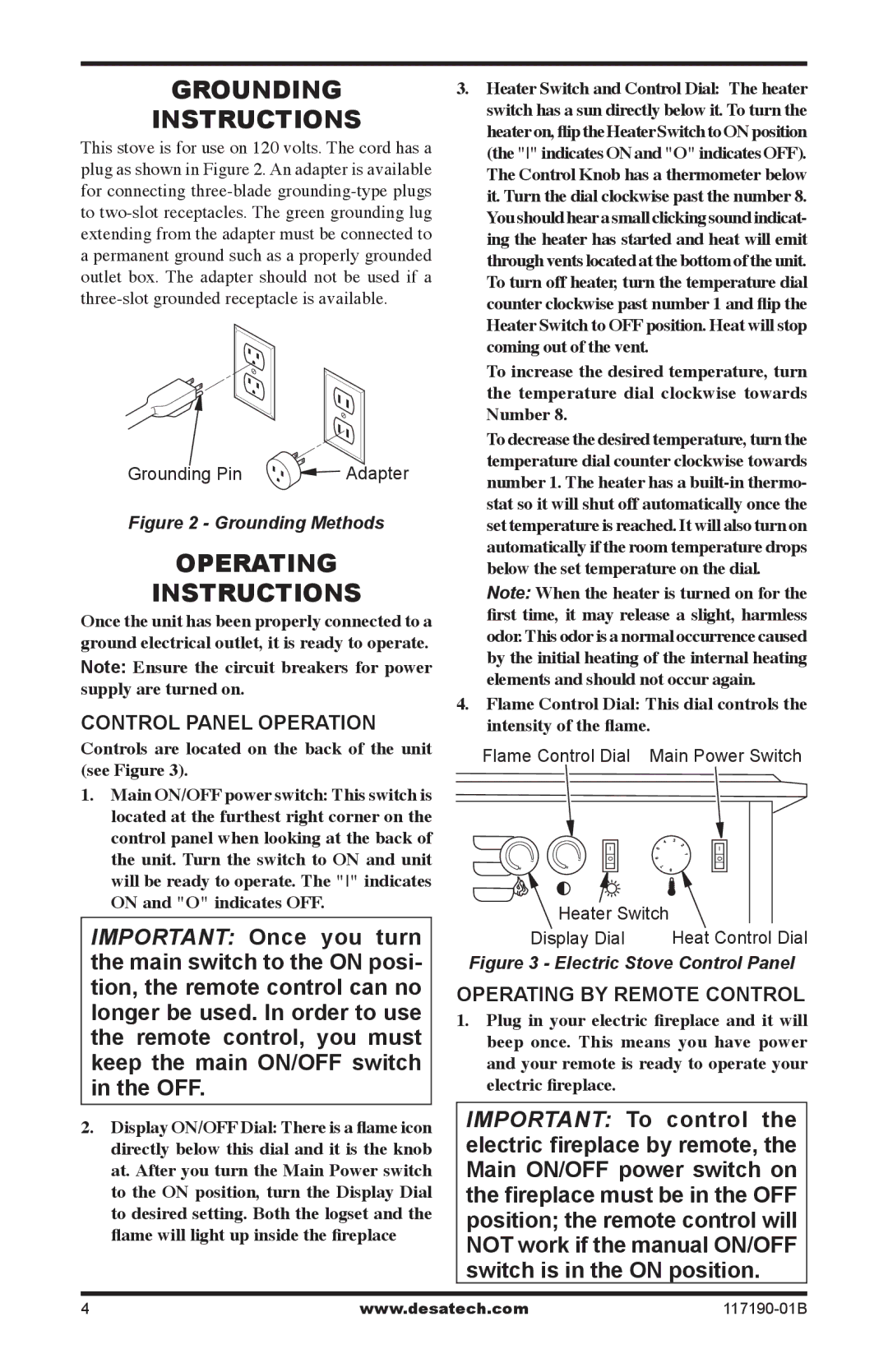 Desa VESBL, VESBMR Grounding Instructions, Operating Instructions, Control Panel Operation, Operating by Remote Control 