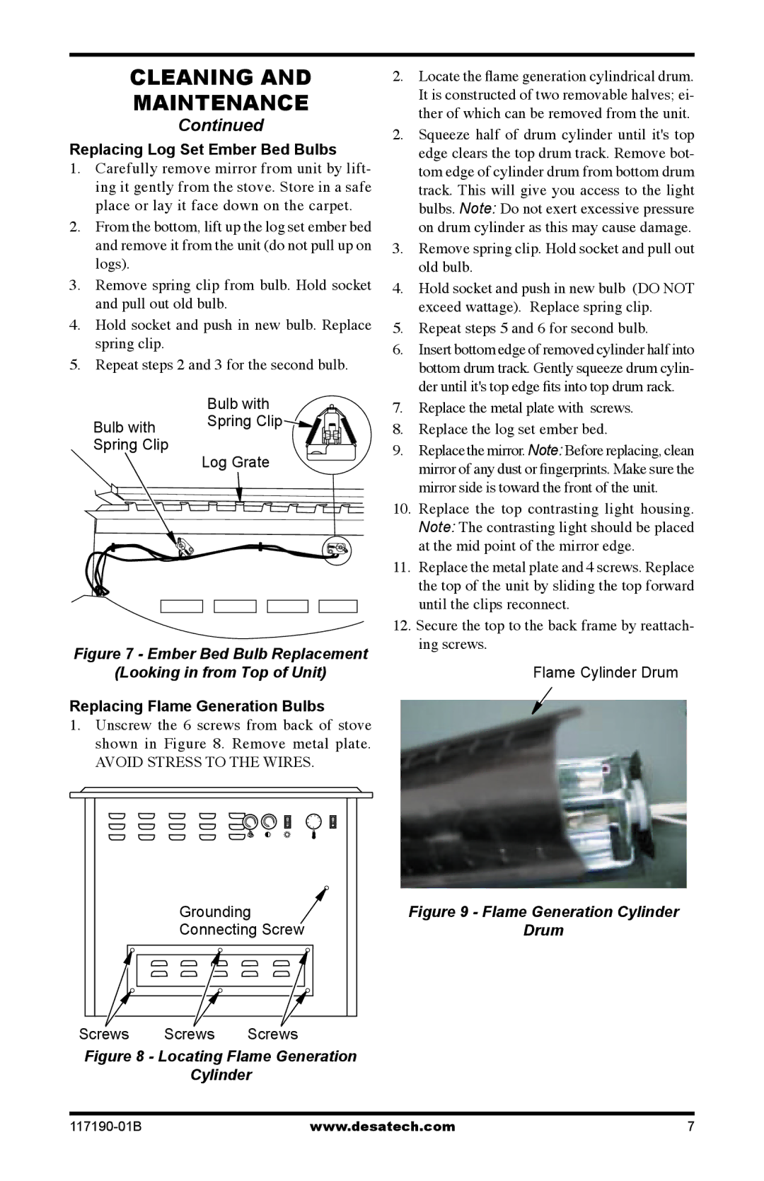 Desa VESBL, VESBMR, CGESBMR operation manual Replacing Log Set Ember Bed Bulbs, Replacing Flame Generation Bulbs 