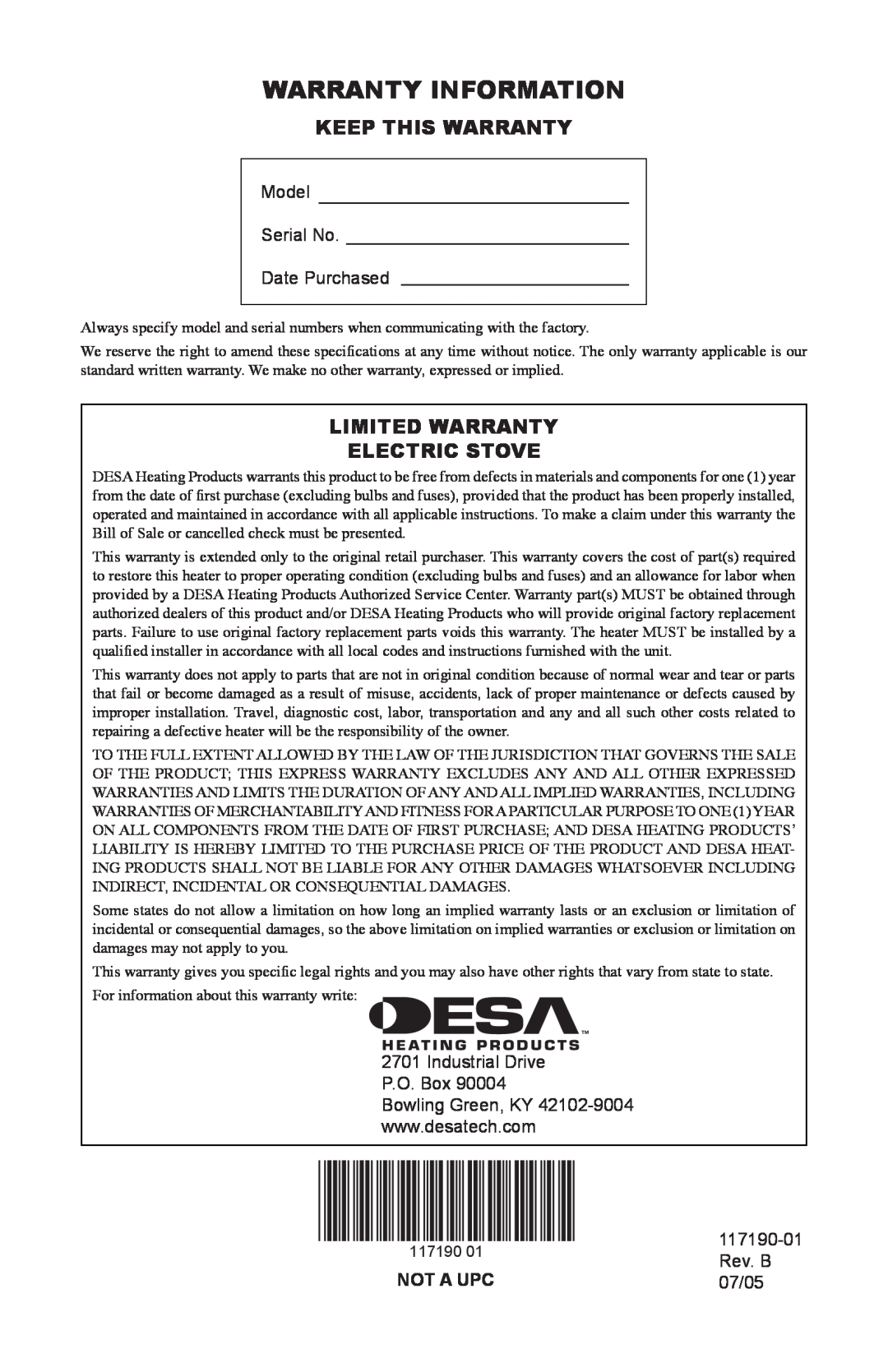 Desa VESBMR Warranty Information, Model Serial No Date Purchased, Industrial Drive P.O. Box, Rev. B, Not A Upc, 07/05 