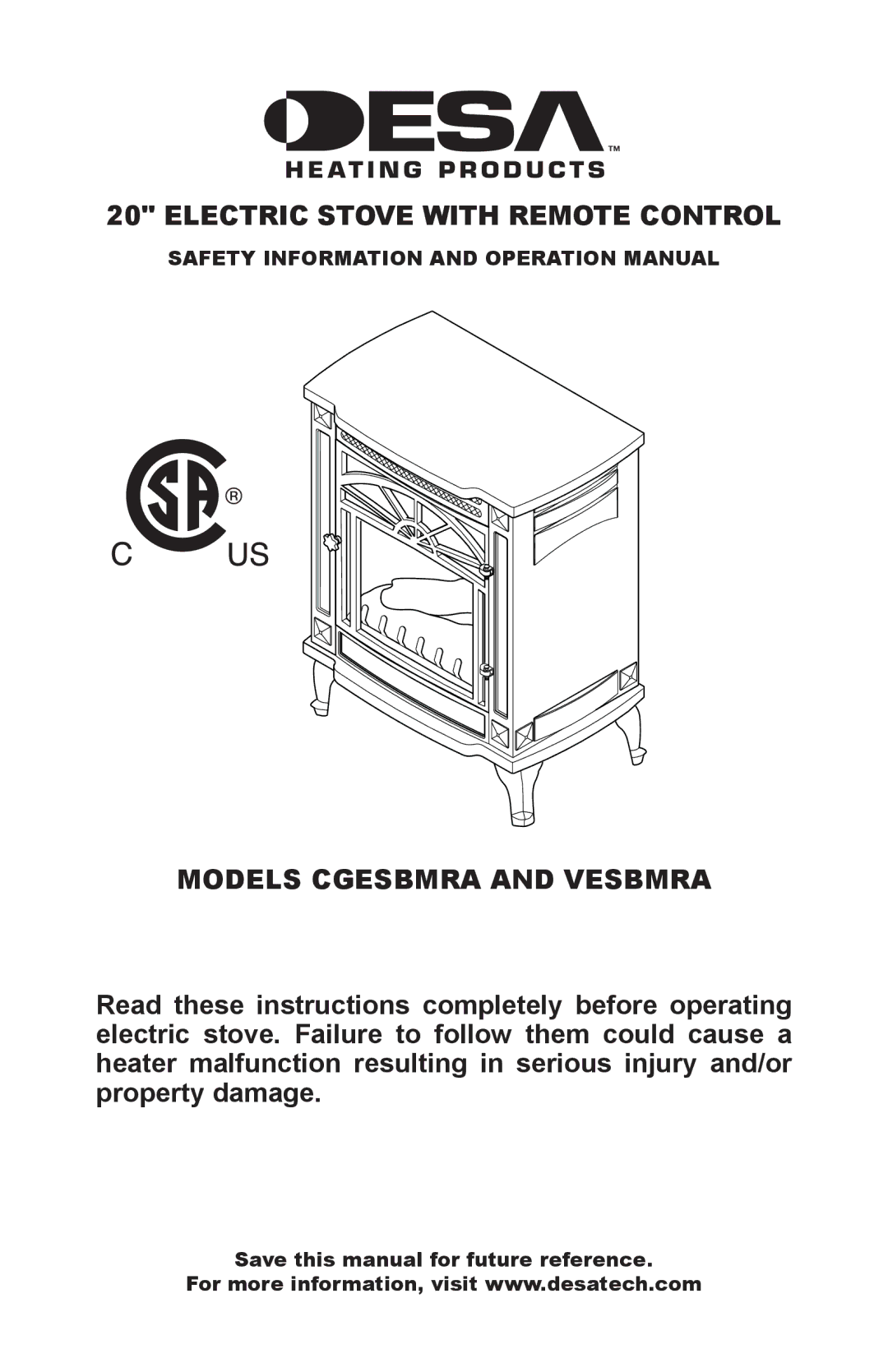 Desa CGESBMRA, VESBMRA operation manual Electric Stove with Remote Control, Save this manual for future reference 