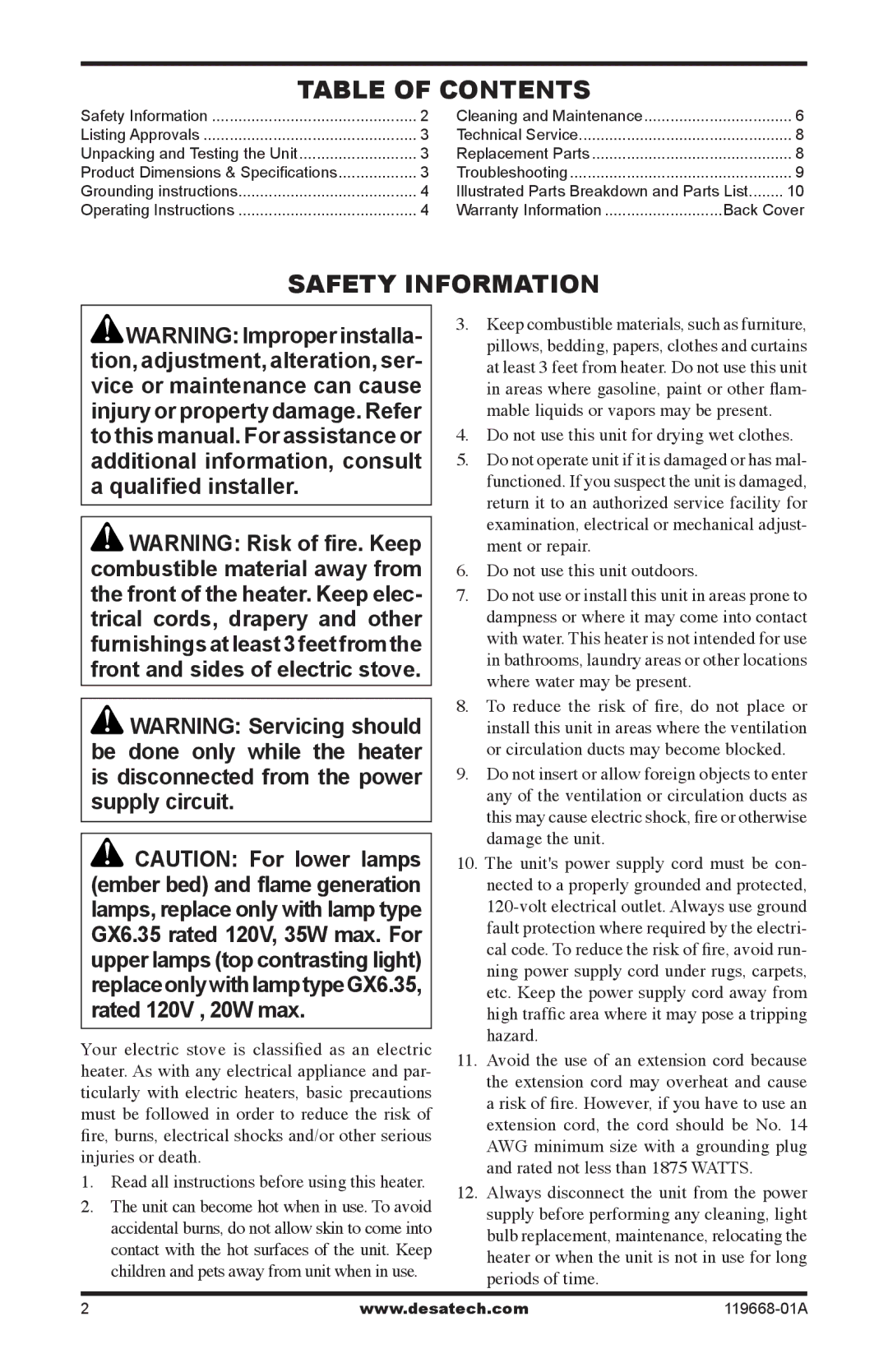 Desa VESBMRA, CGESBMRA operation manual Table of Contents, Safety Information 