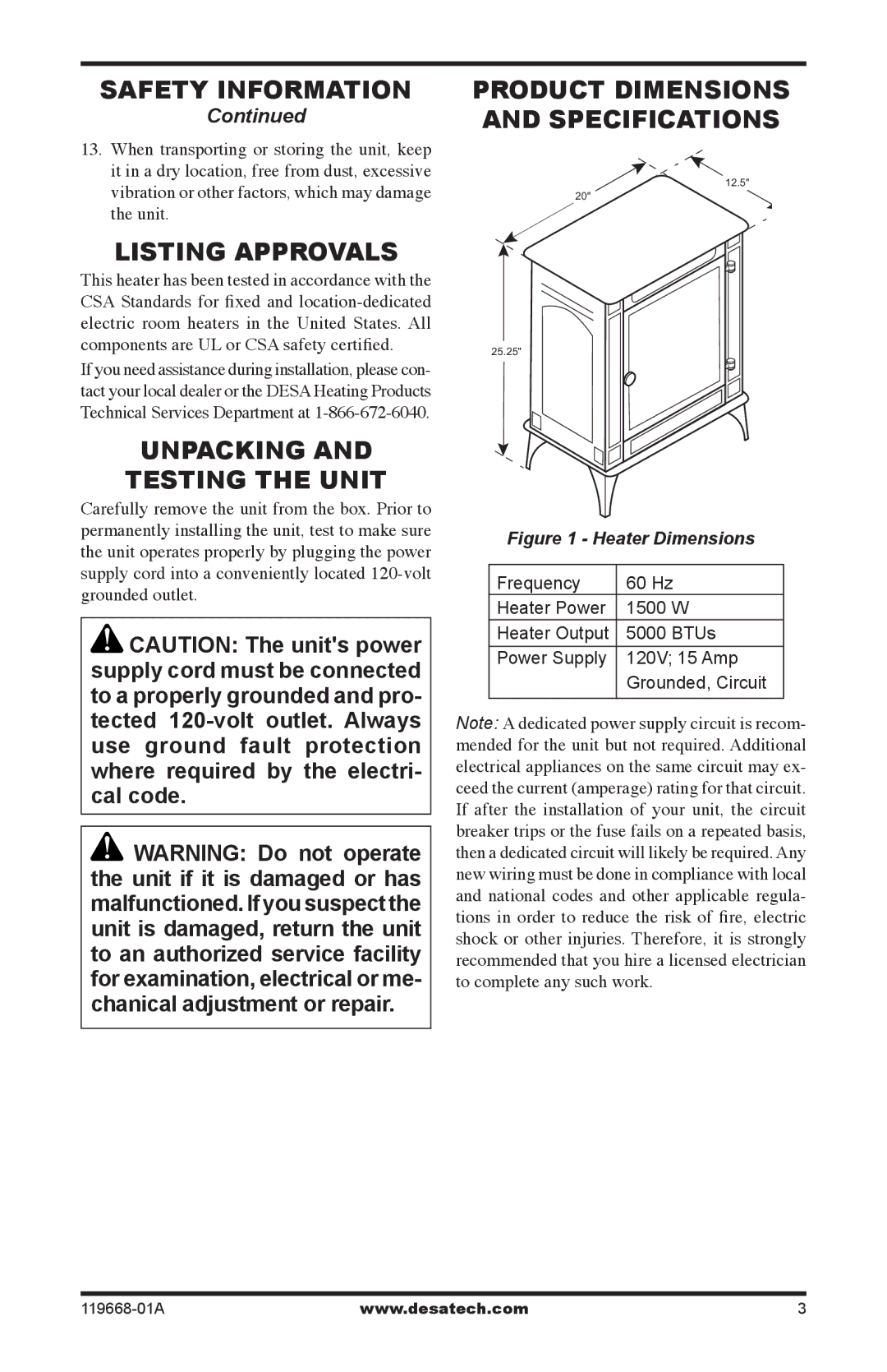 Desa CGESBMRA, VESBMRA operation manual Listing Approvals, Unpacking Testing the Unit, Product Dimensions and Specifications 