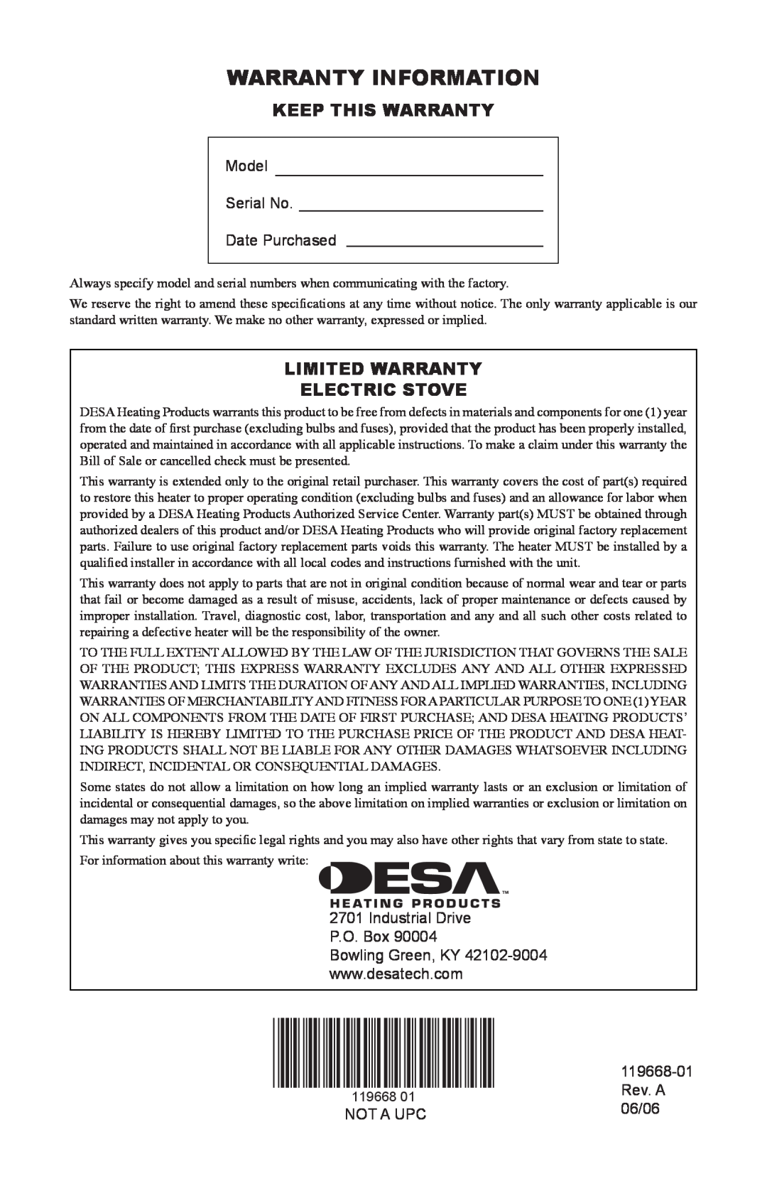 Desa VESBMRA, CGESBMRA operation manual Warranty Information, Keep This Warranty, Limited Warranty Electric Stove 