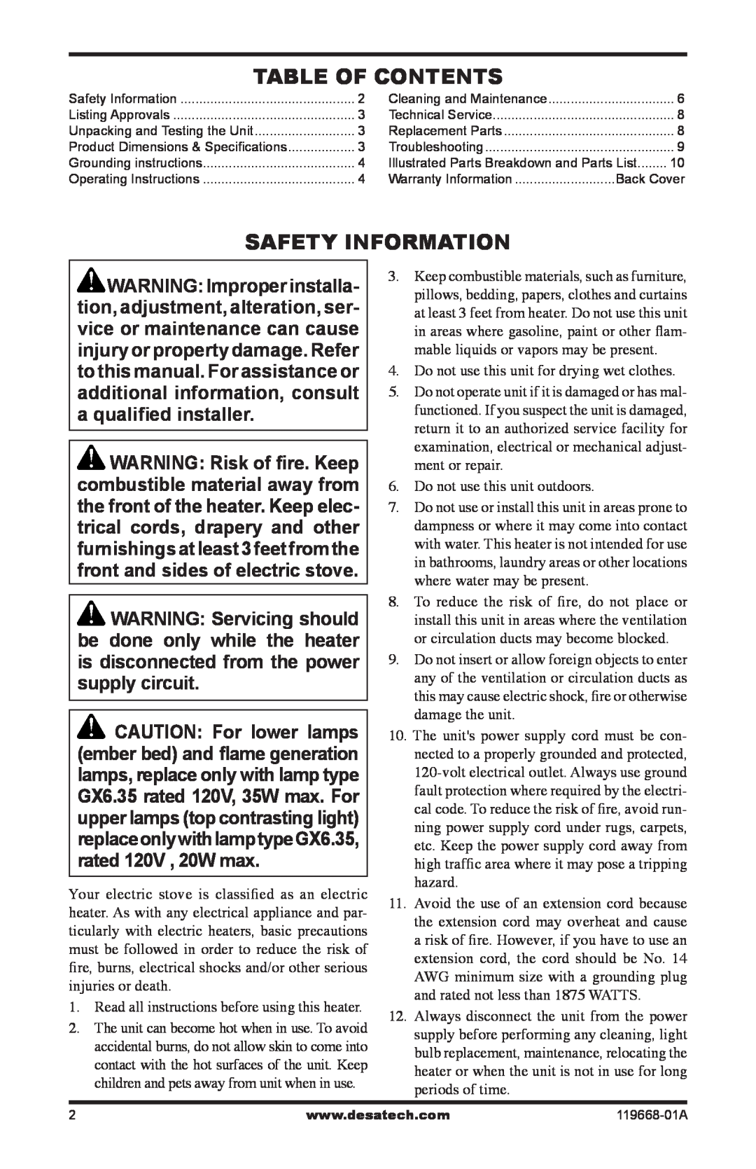 Desa VESBMRA, CGESBMRA operation manual Table of Contents, Safety Information 