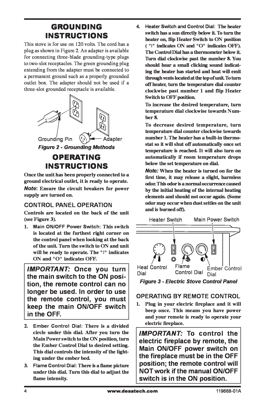 Desa VESBMRA Grounding instructions, Operating Instructions, Control Panel Operation, Operating by remote control 