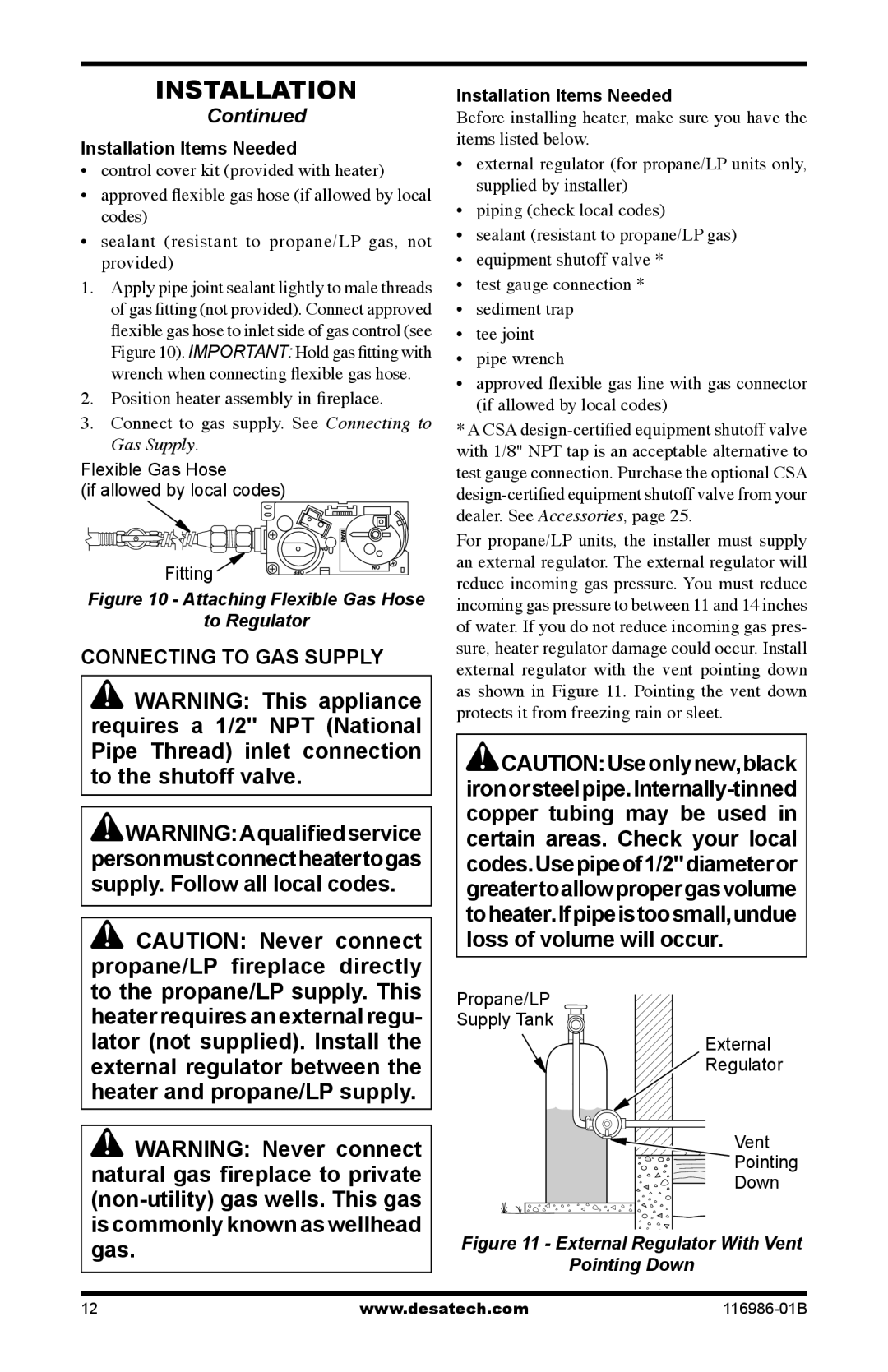 Desa VF-18N-MHd, VF-18P-MHd installation manual Connecting to gas supply, Installation Items Needed 