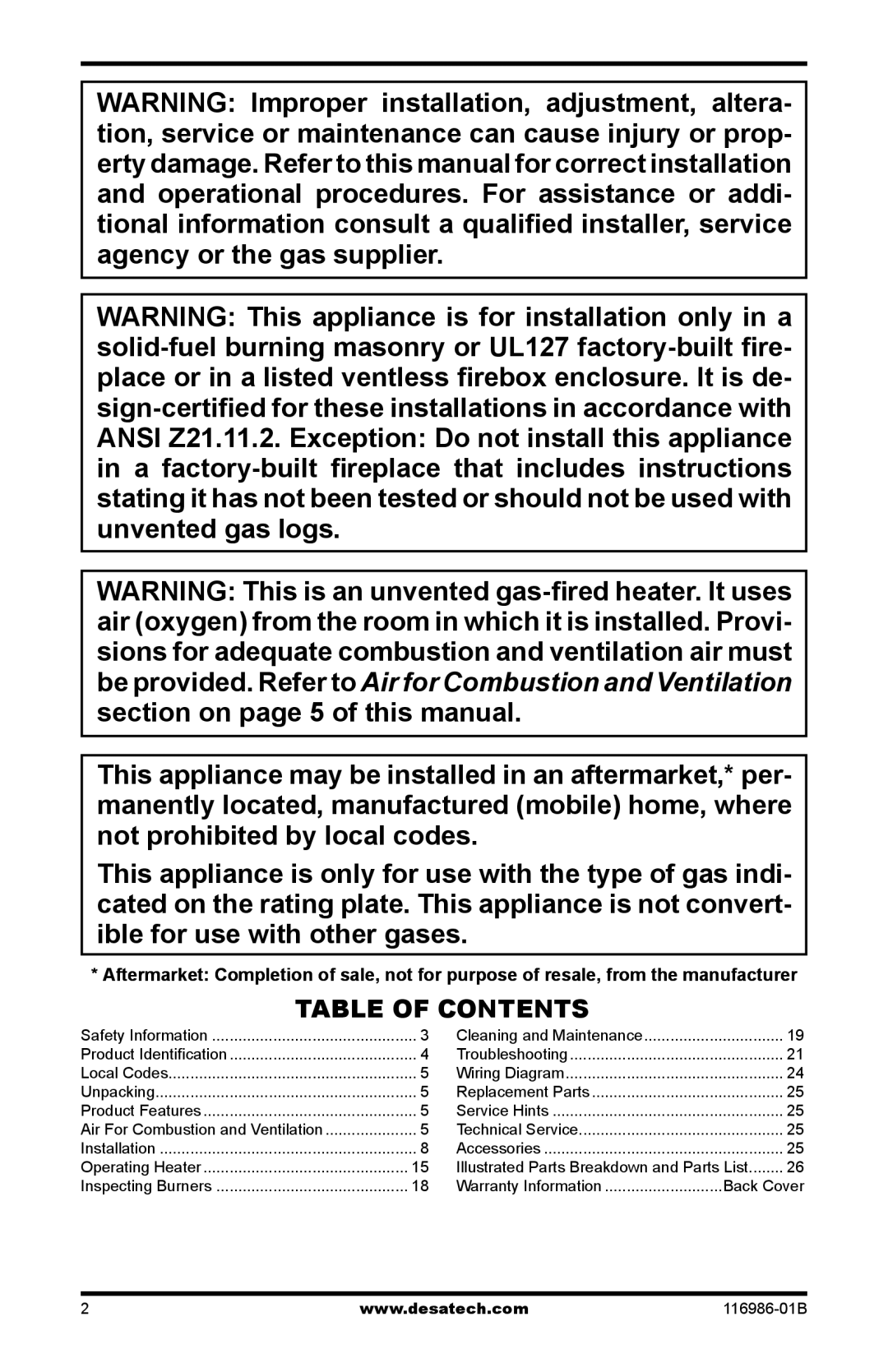 Desa VF-24N-MHD, VF-24P-MHD, VF-18N-MHD, VF-18P-MHD, VF-18P-MHD, VF-18N-MHd, VF-18P-MHd installation manual Table of Contents 