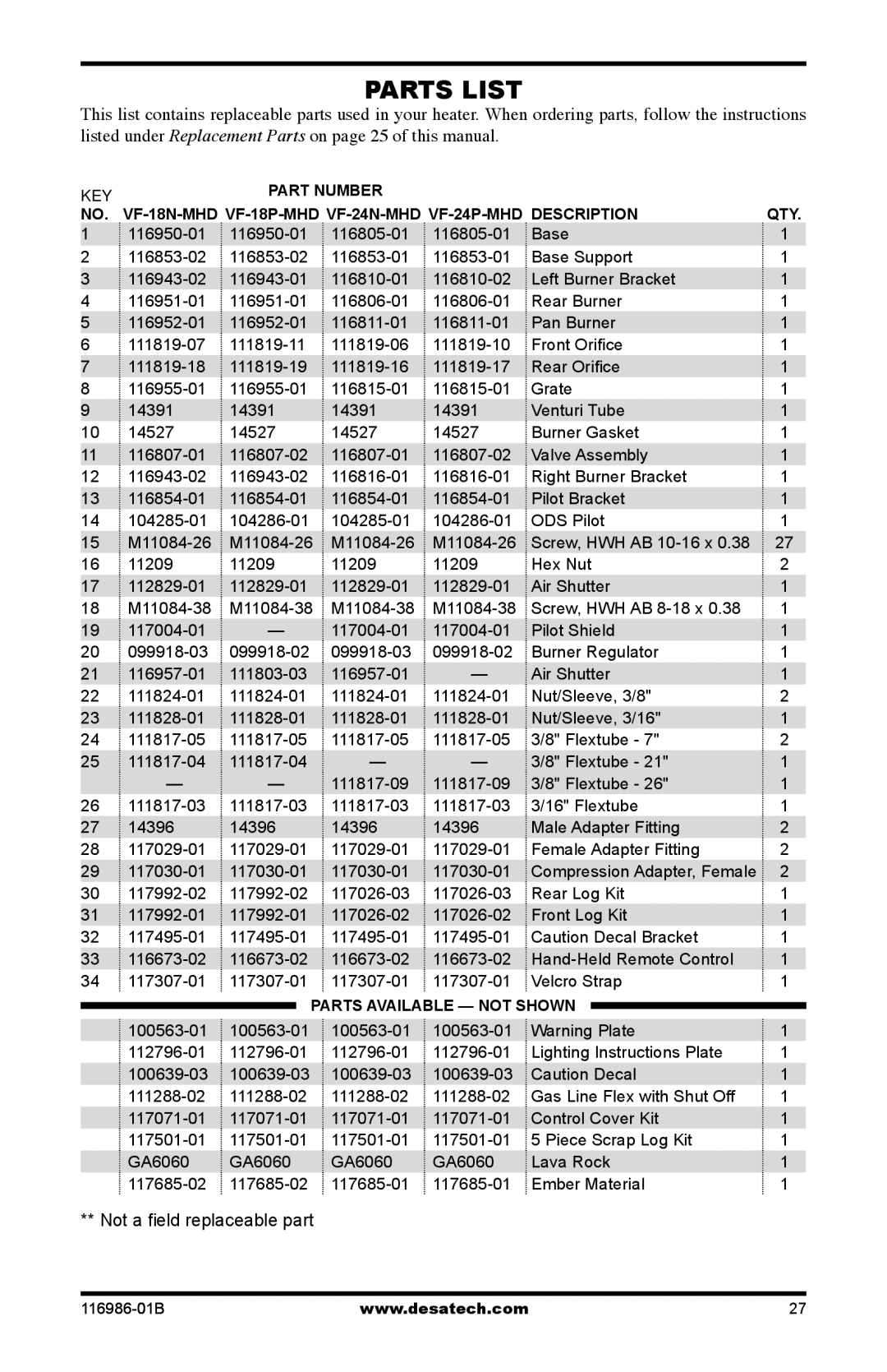 Desa VF-18N-MHd, VF-18P-MHd, VF-24N-MHD, VF-24P-MHD, VF-18N-MHD, VF-18P-MHD, VF-18P-MHD installation manual Parts List 