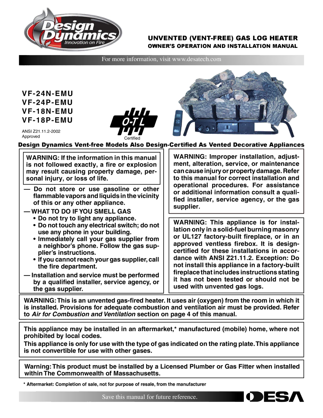 Desa installation manual VF-24N-EMU VF-24P-EMU VF-18N-EMU VF-18P-EMU, What to do if YOU Smell GAS 