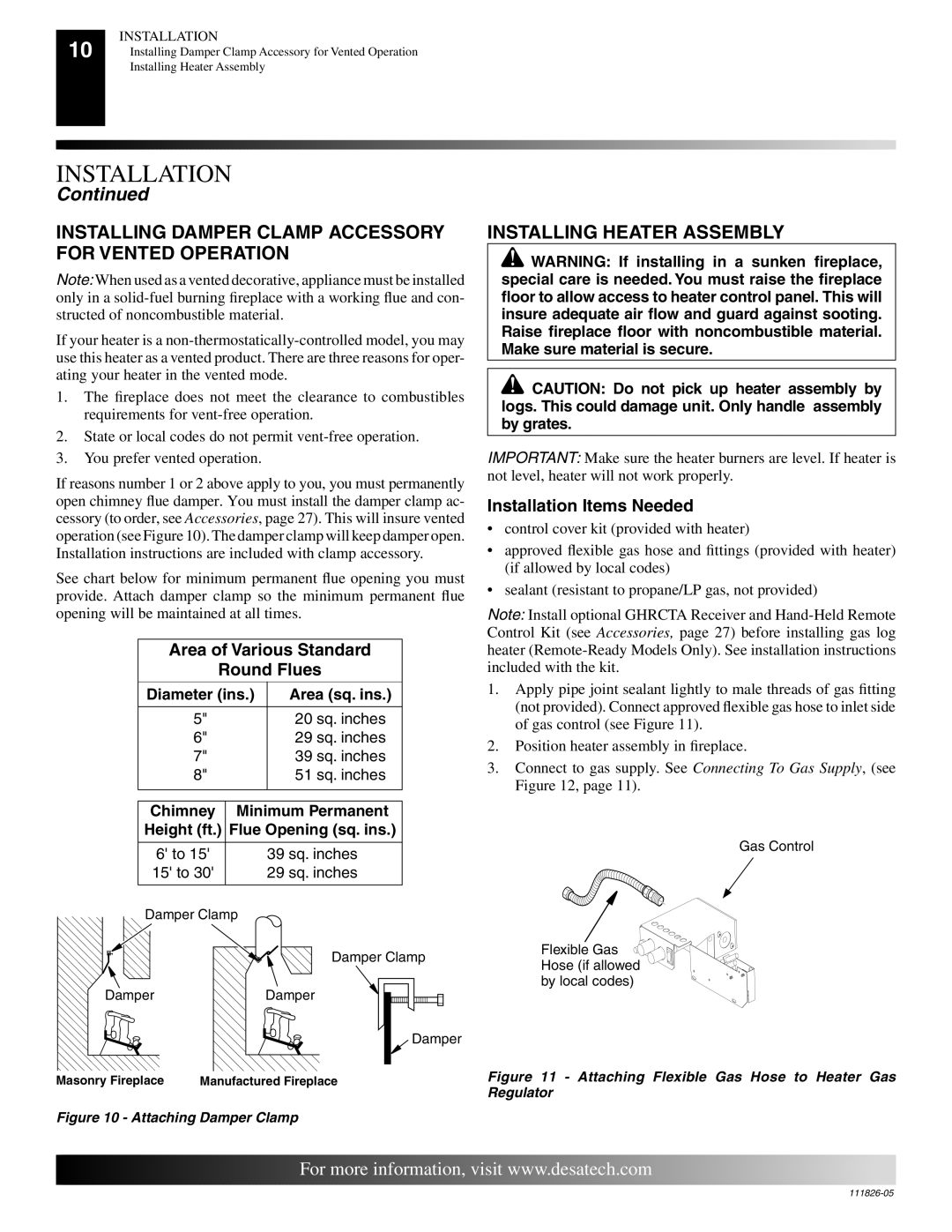 Desa VF-24P-EMU, VF-18P-EMU, VF-18N-EMU Installing Damper Clamp Accessory for Vented Operation, Installing Heater Assembly 