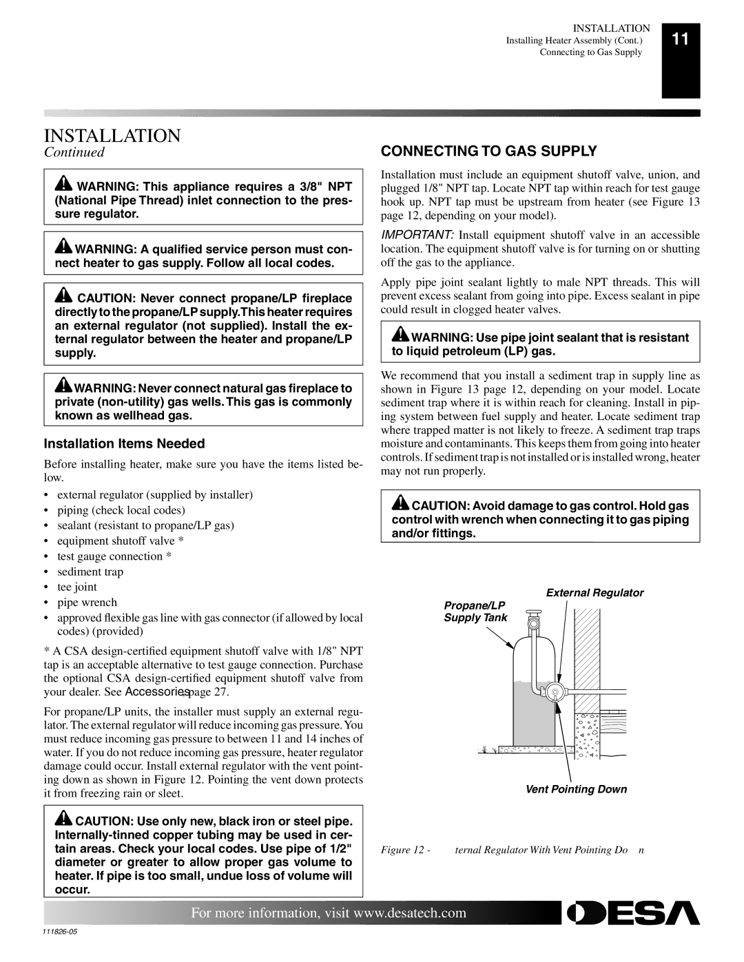 Desa VF-24N-EMU, VF-18P-EMU, VF-18N-EMU, VF-24P-EMU installation manual Connecting to GAS Supply 